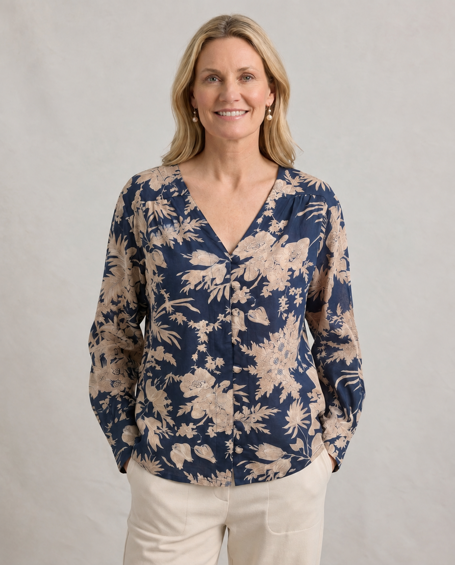 Indigo Garden Cotton Blouse front view without necklace