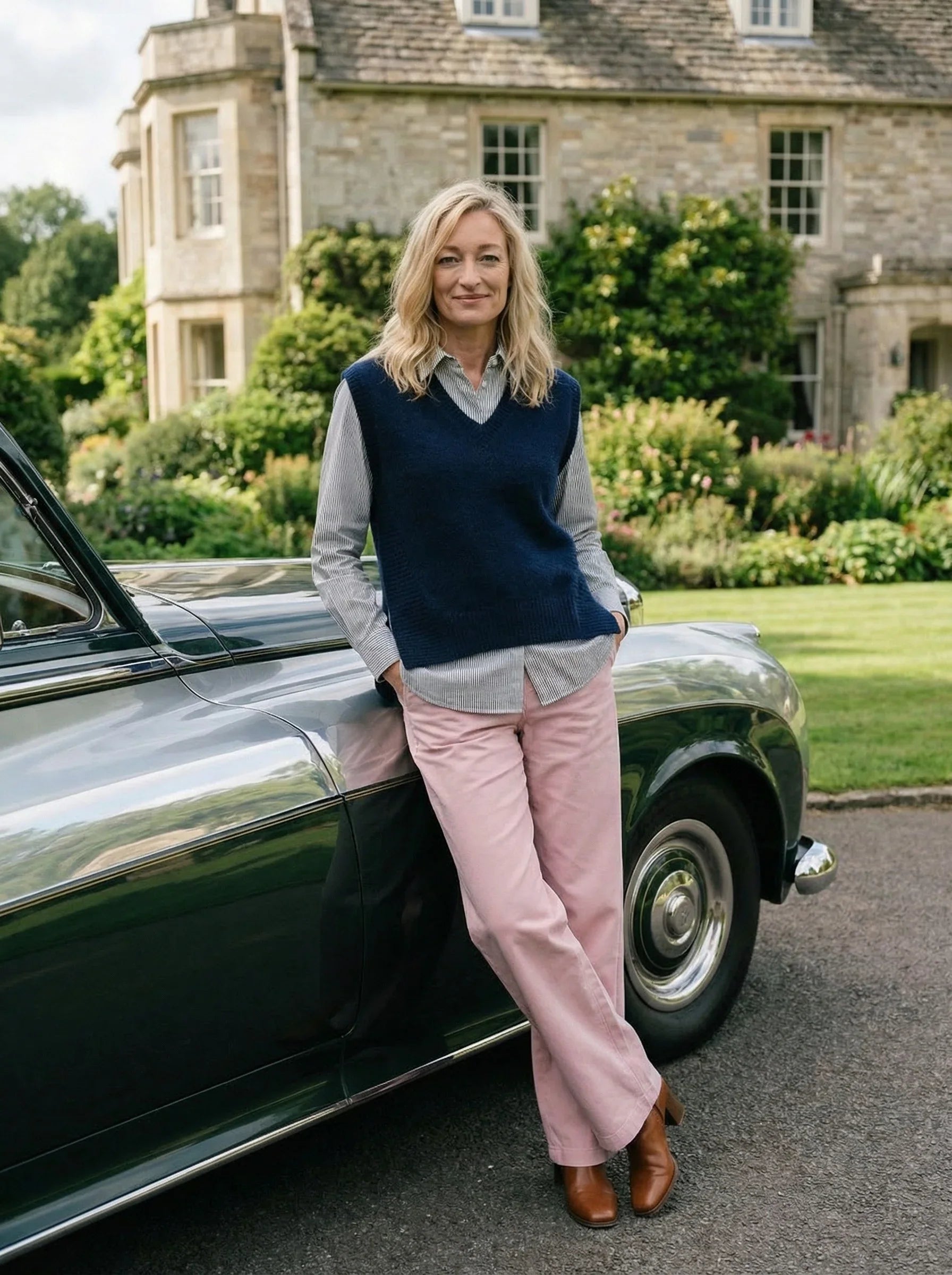 Woman in a navy sweater vest, pink trousers, and brown shoes leaning on a vintage car in front of a stone house