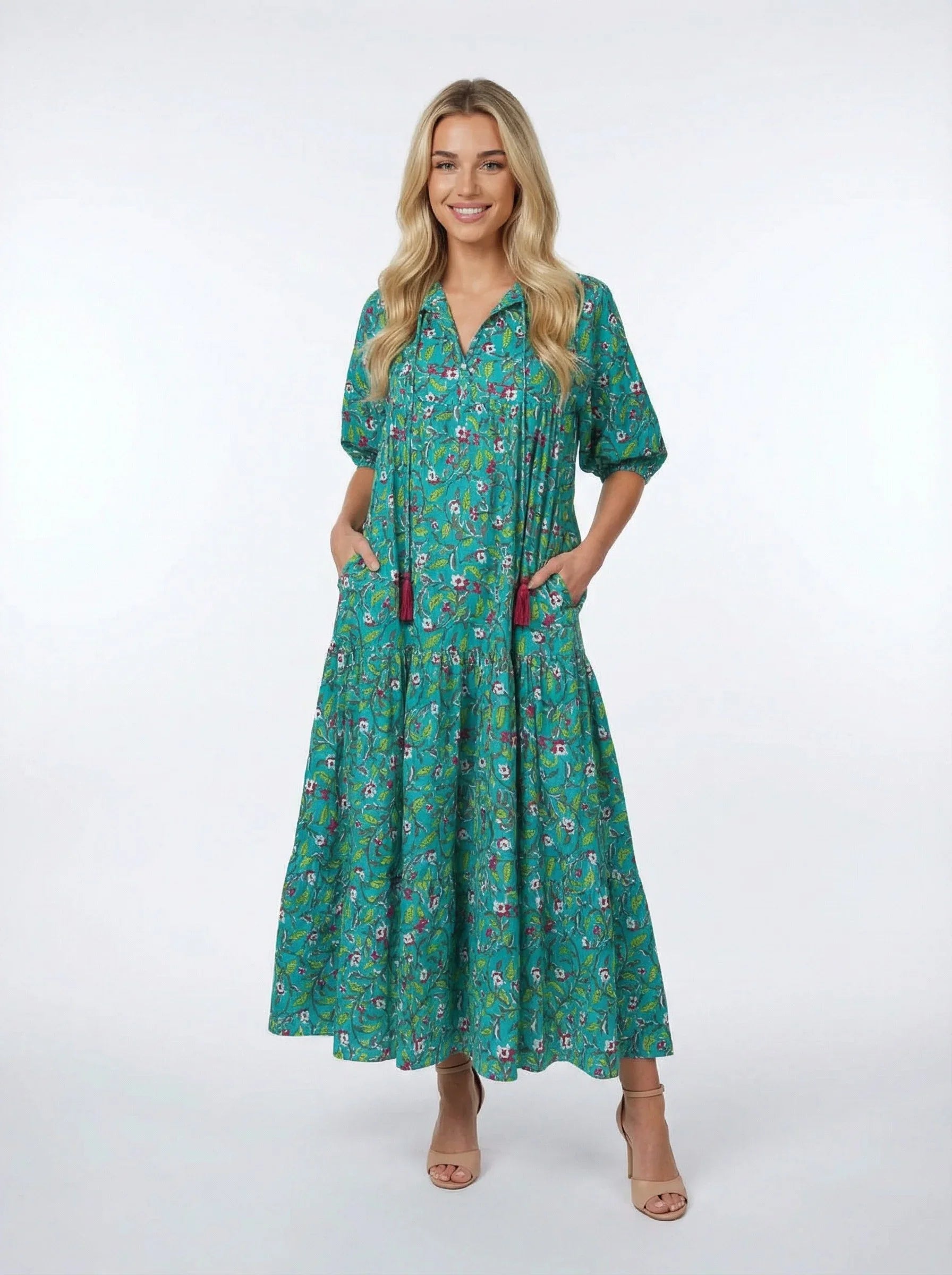 Turquoise Bloom Vine Maxi Dress - Ethical Cotton Dress