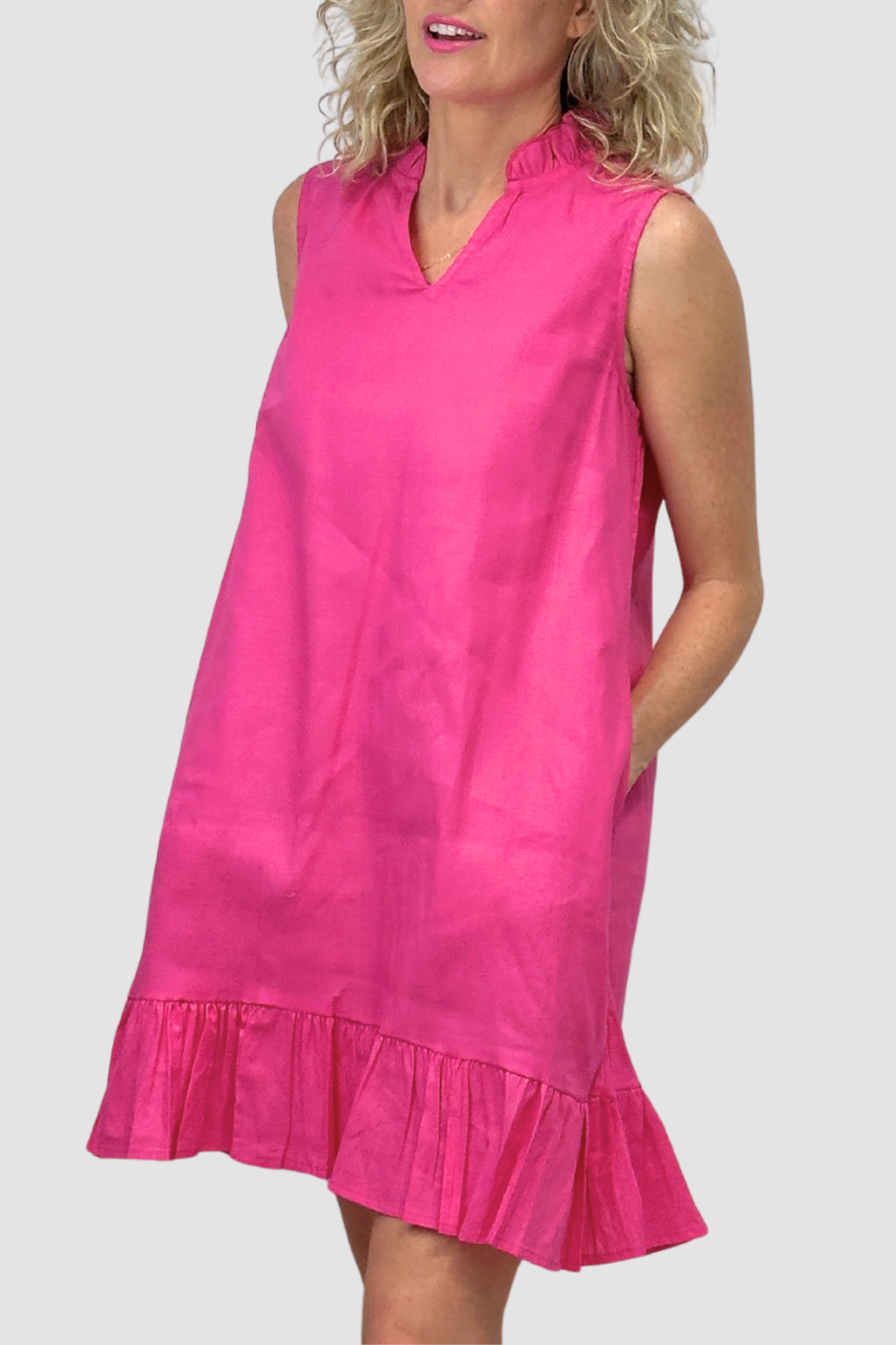 Woman wearing reca - Hot Pink Ruffle Day Dress on a white background