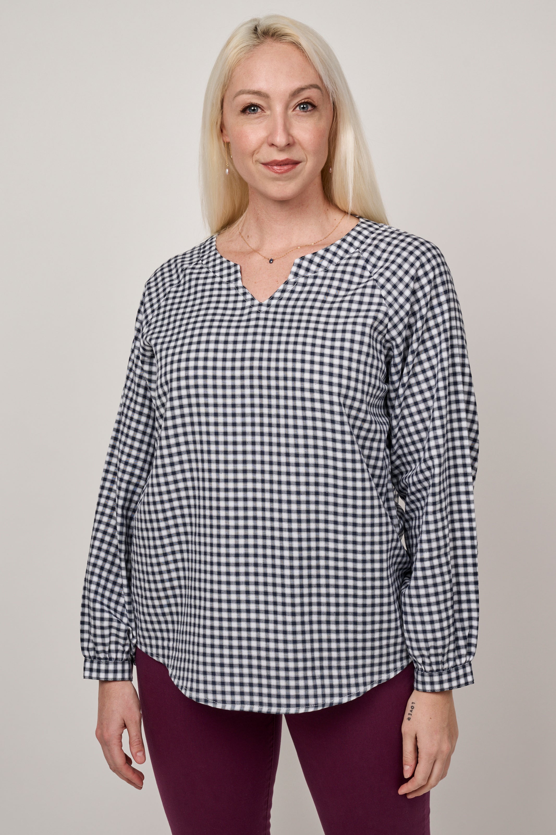 Gingham V-Neck Blouse - Navy