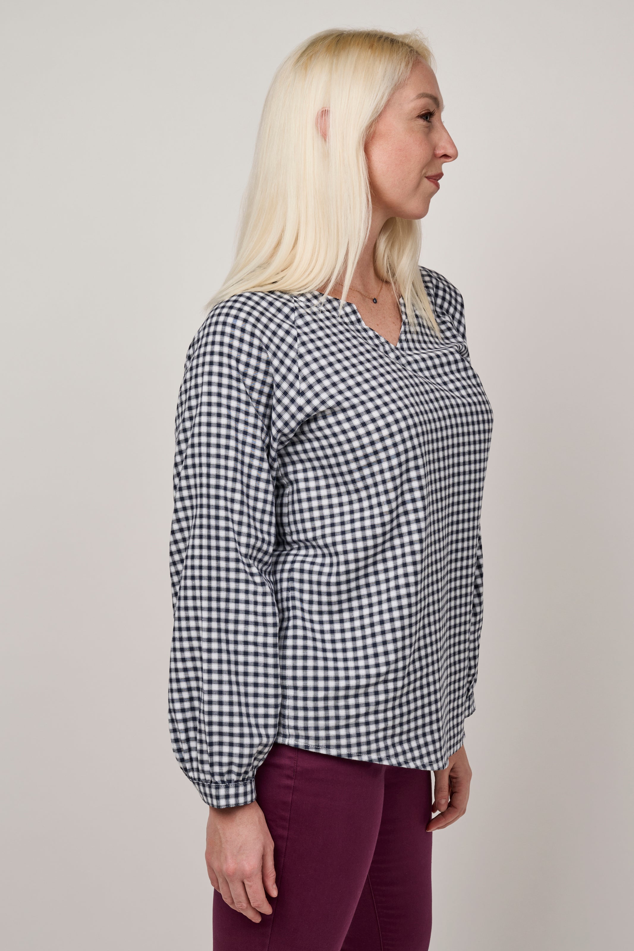 Gingham V-Neck Blouse - Navy