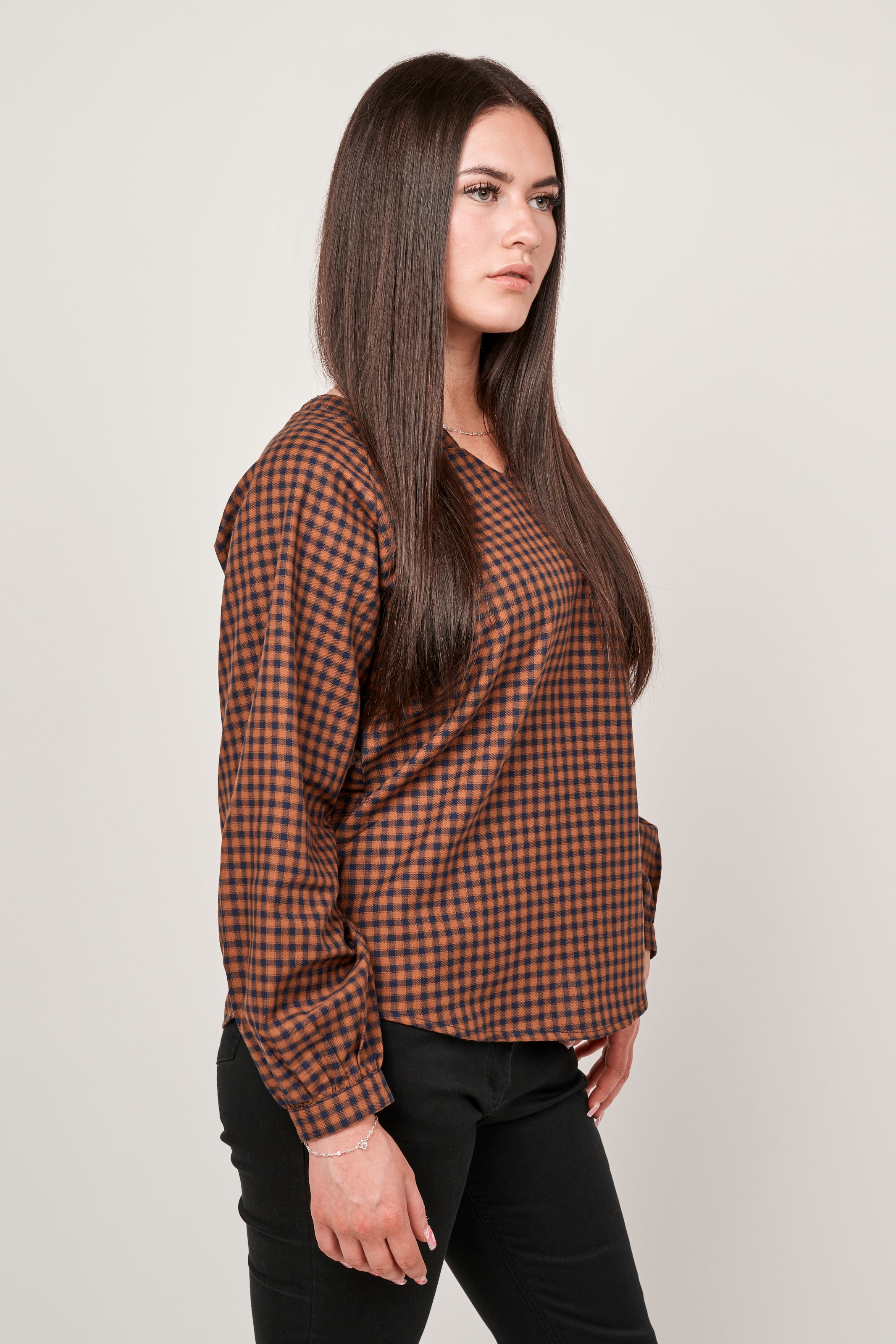 Gingham V-Neck Blouse - Camel
