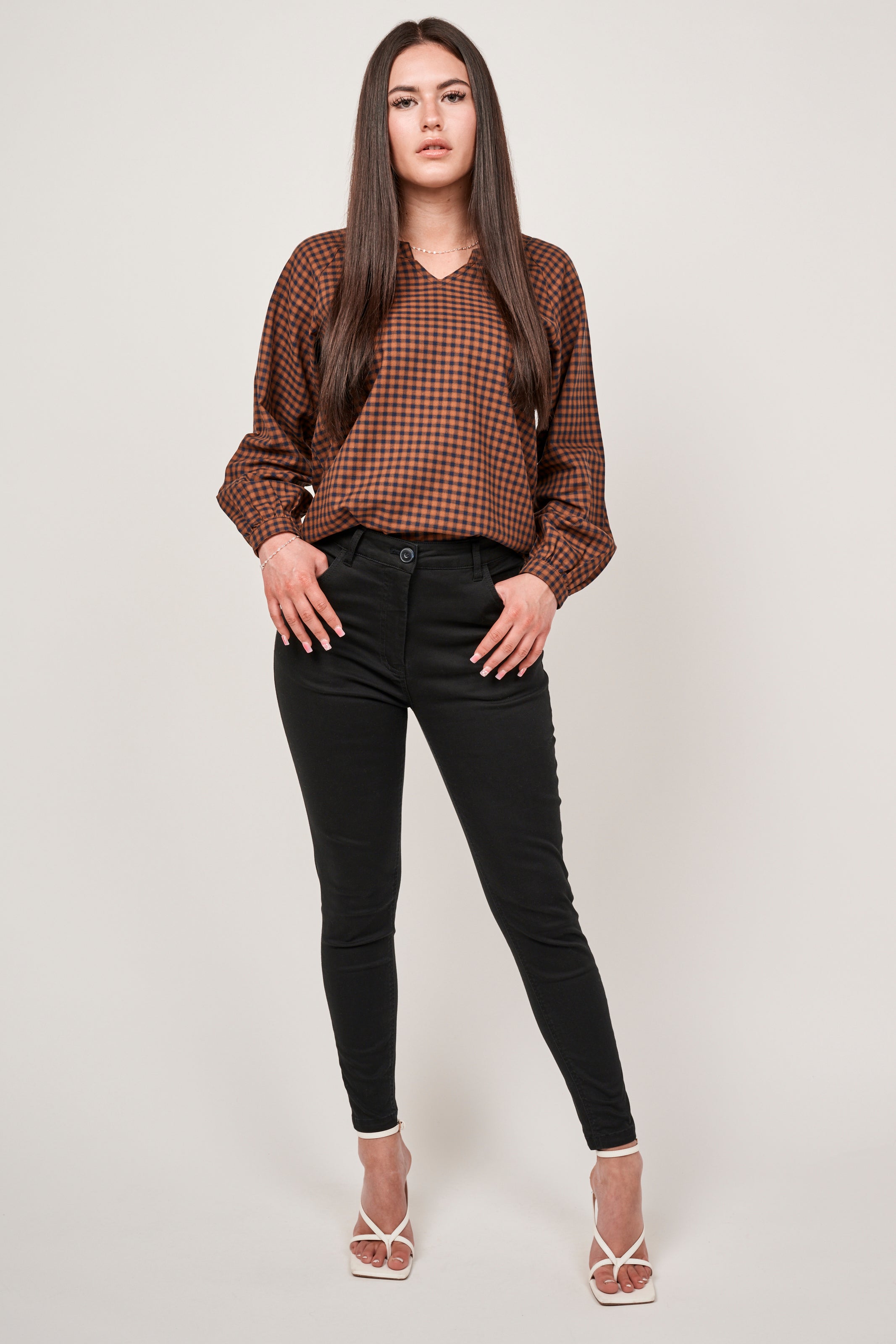 Gingham V-Neck Blouse - Camel