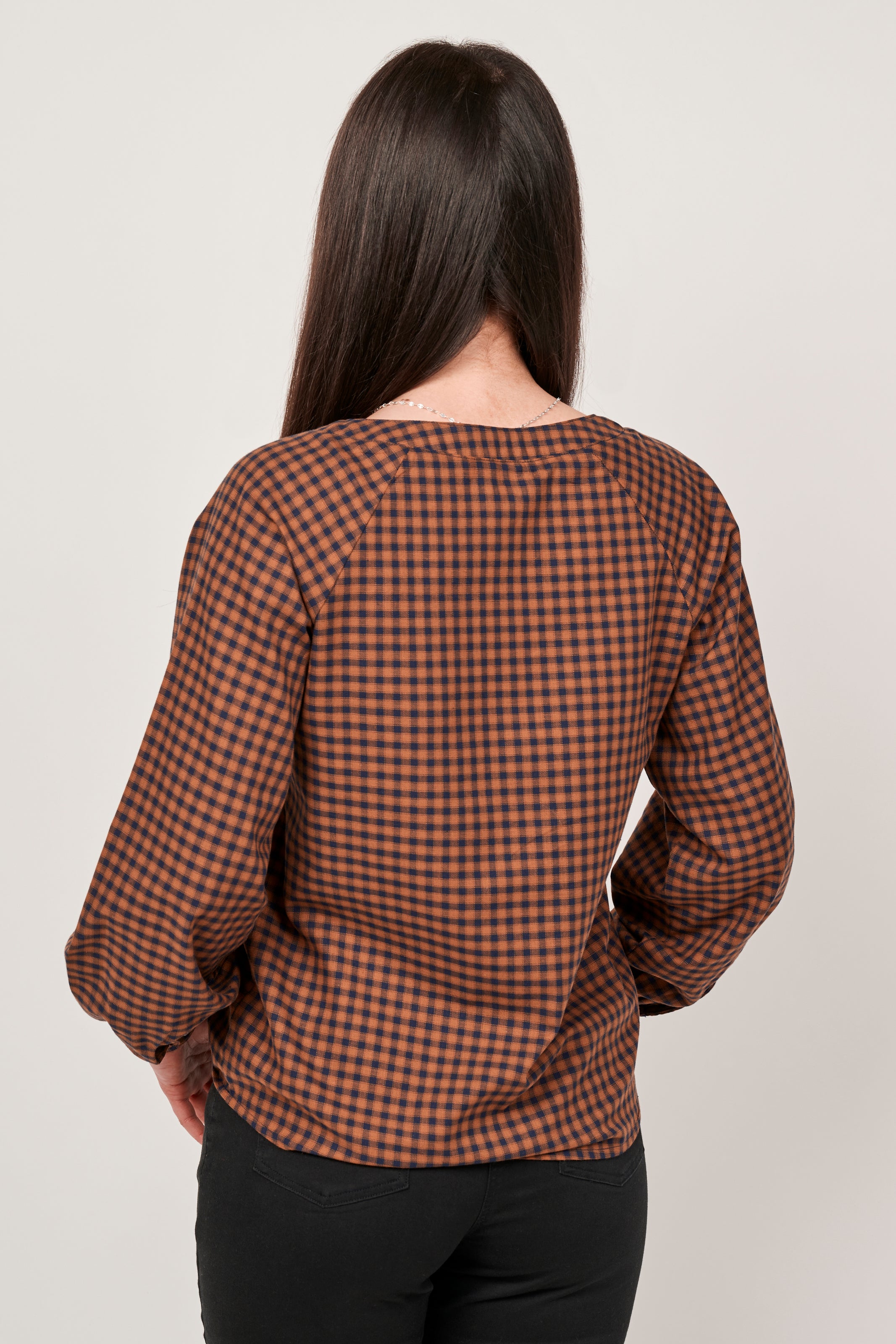Gingham V-Neck Blouse - Navy