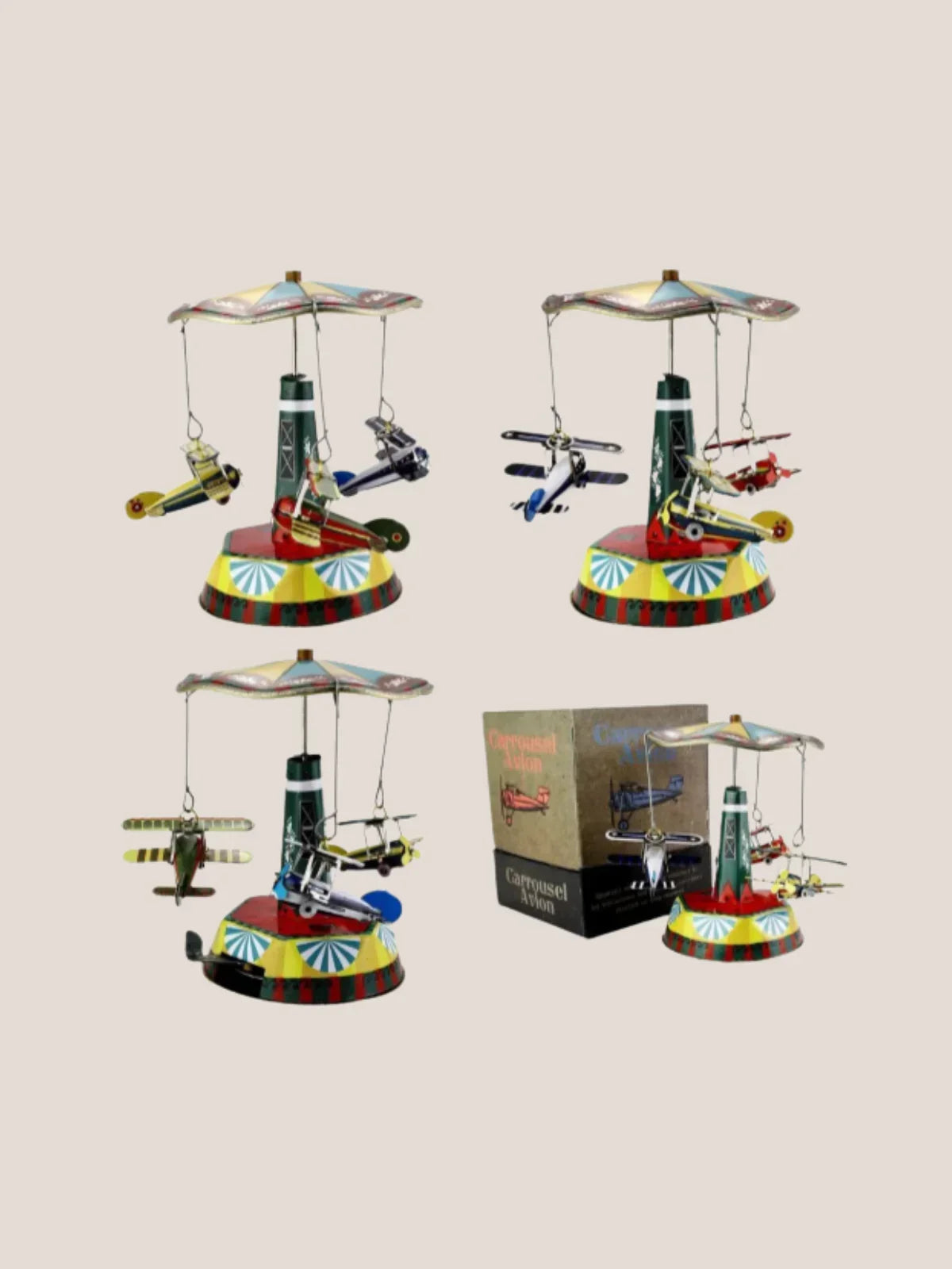 Three toy helicopters with colorful bases on a white background