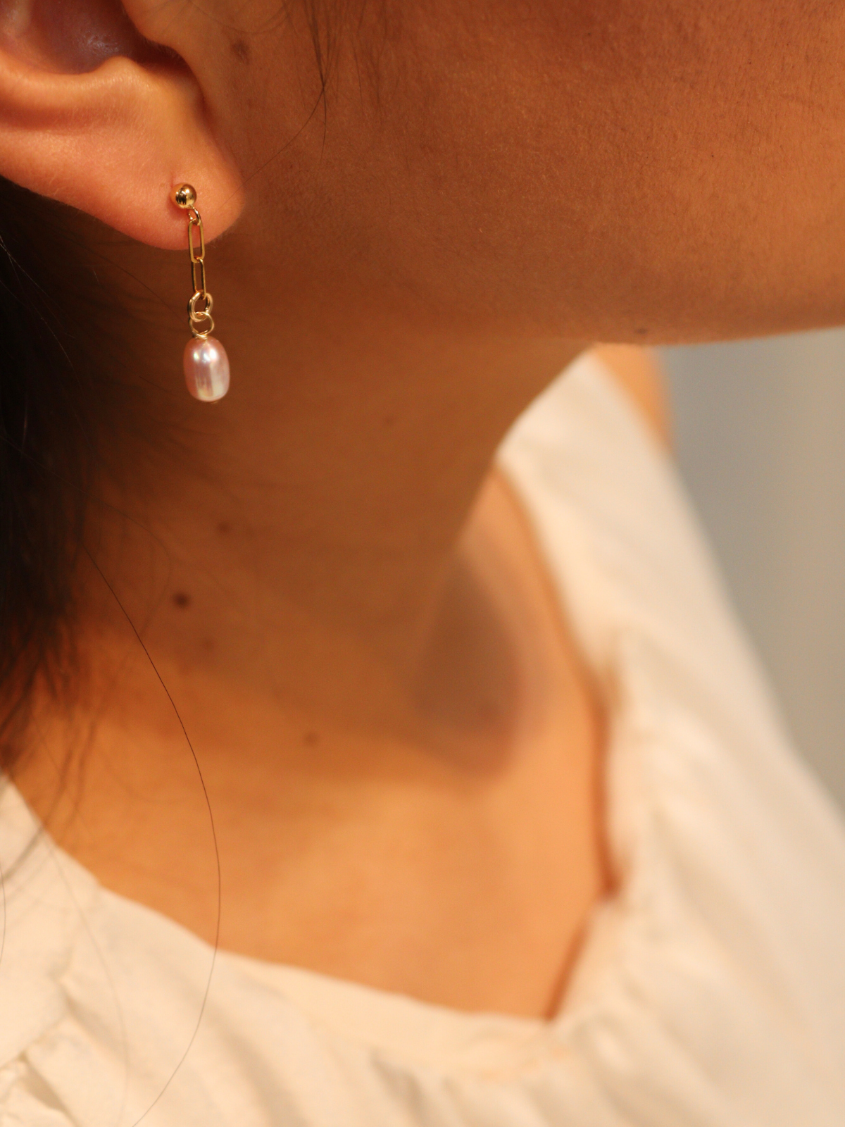 Gold Paper clip Pearl Earrings