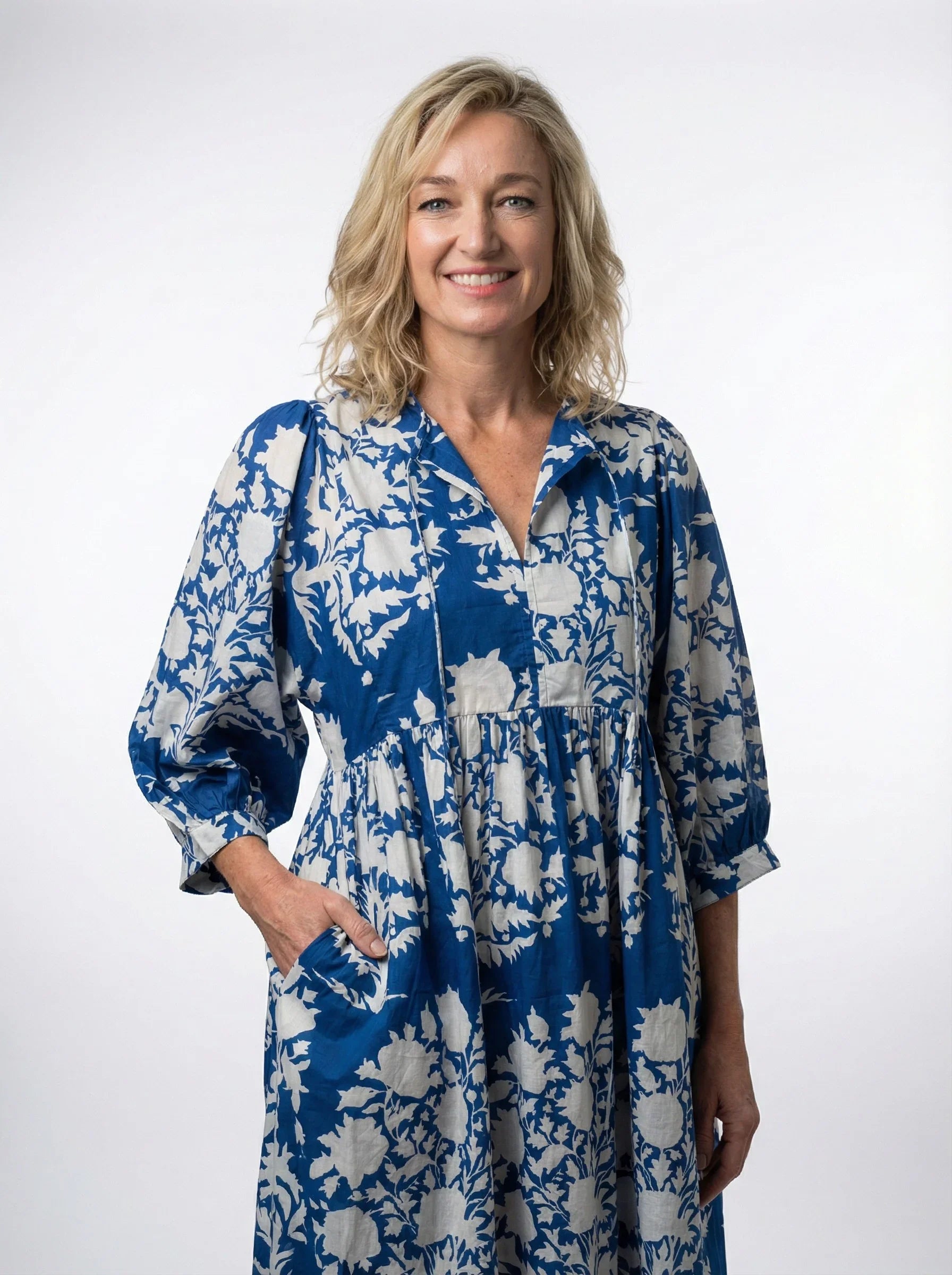 Blue Meadow Midi Dress in indigo floral cotton, side view