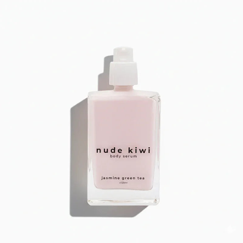 Nude Kiwi Body Serum Jasmine Green Tea pink glass bottle with pump dispenser