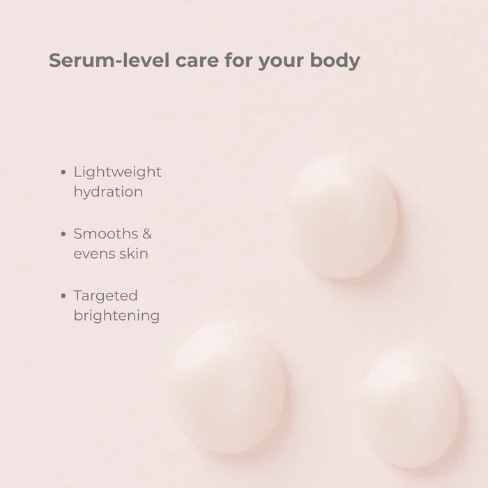 Body serum benefits infographic showing lightweight hydration, smooths and evens skin, and targeted brightening with product texture swatches
