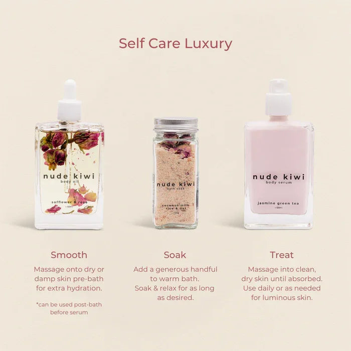 Nude Kiwi Self Care Luxury set how-to-use guide showing body oil, bath soak, and body serum with application instructions