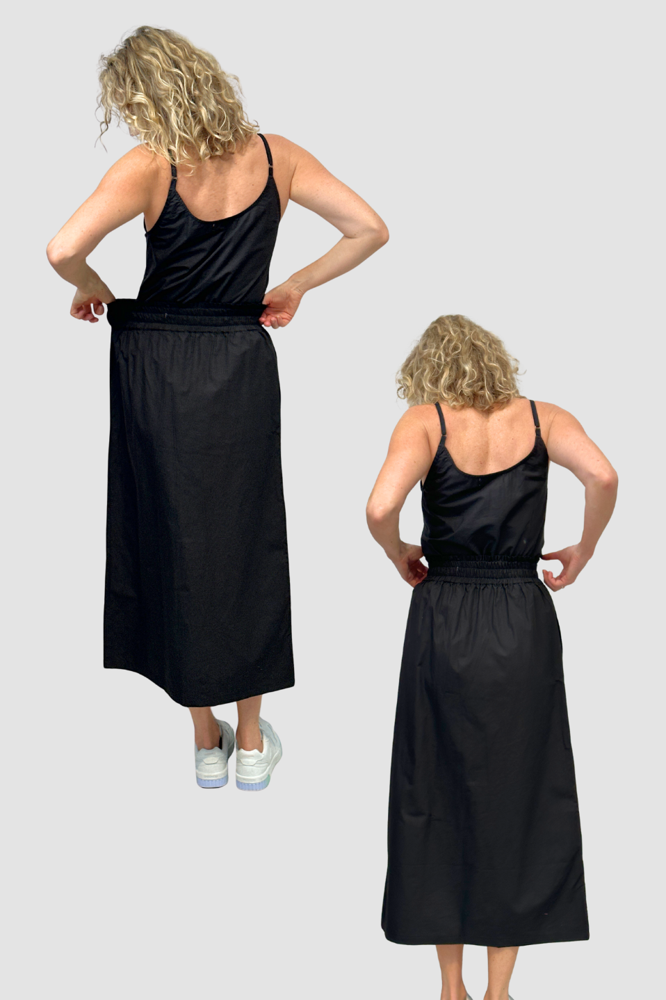 show casing the back of the Cotton Cotton Maxi Skirt - Black - Black from different angles on a white background