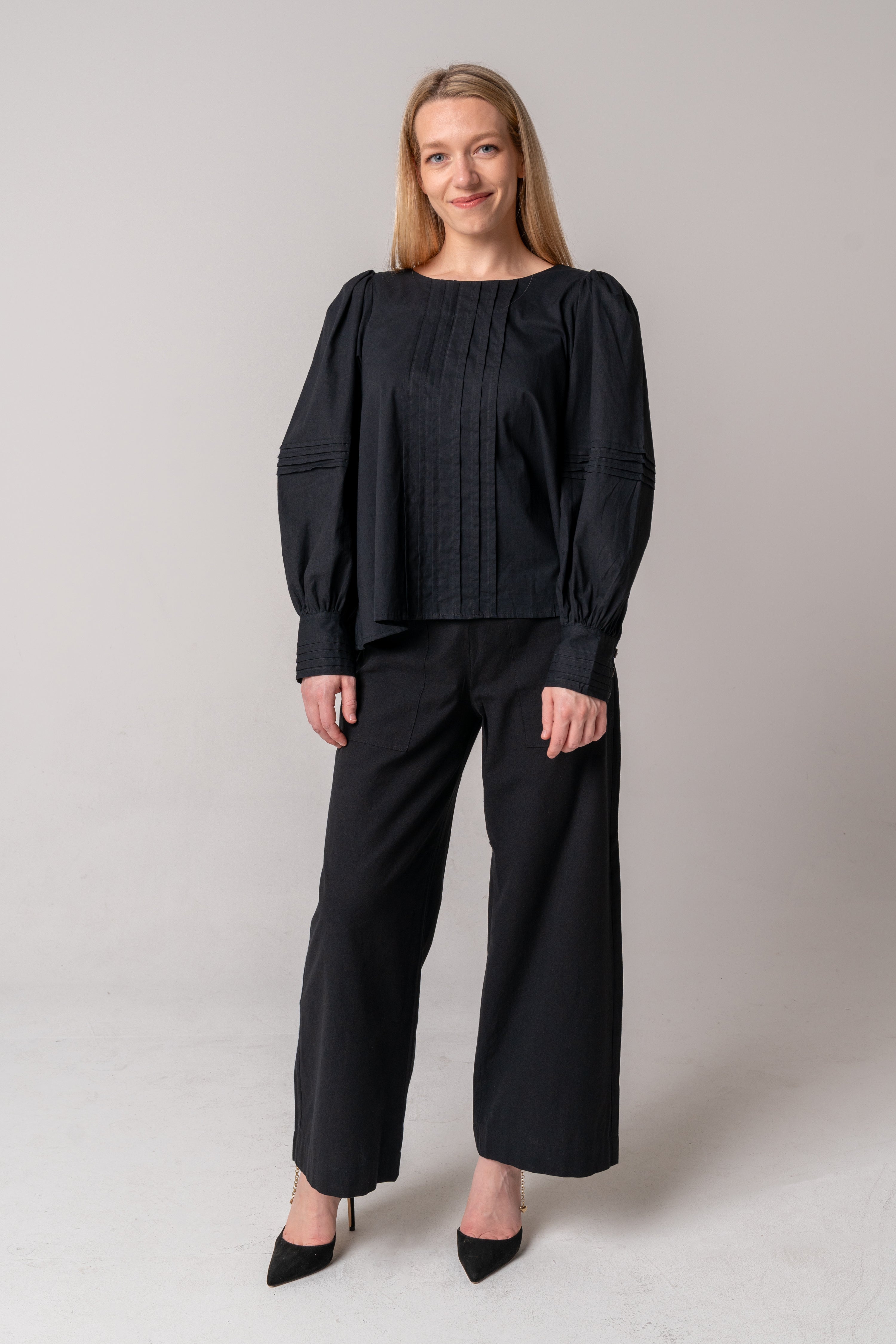 Pintuck Cotton Blouse - Black