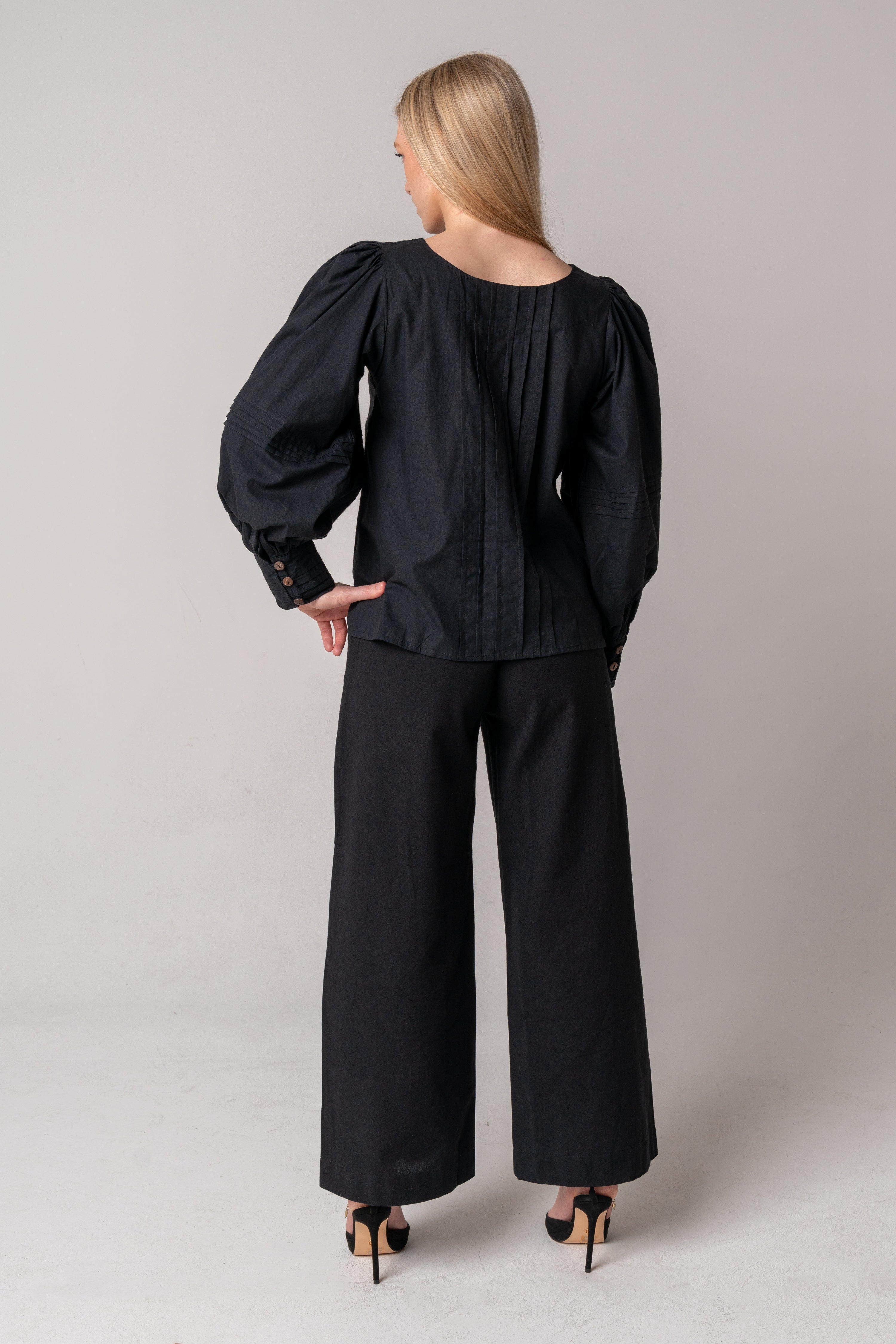 Pintuck Cotton Blouse - Black