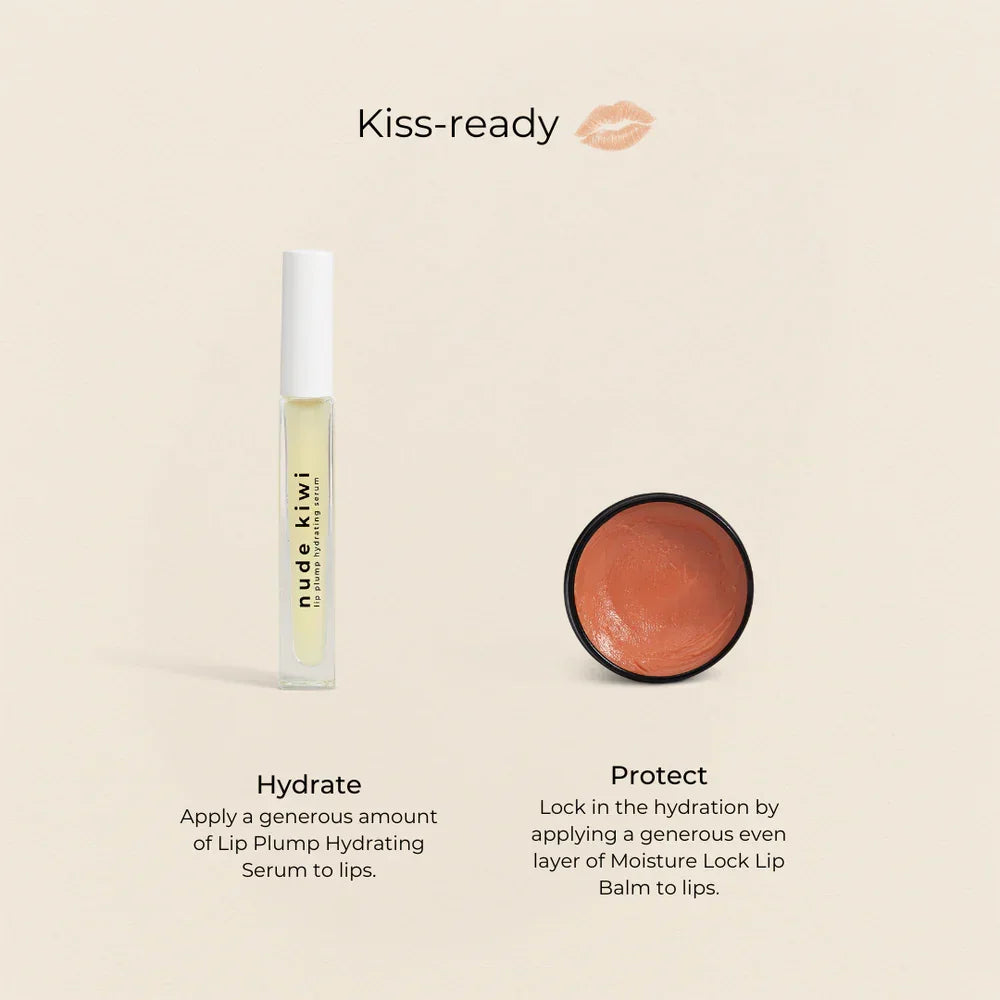 Lip care products with 'Kiss-ready' text and application instructions on a beige background
