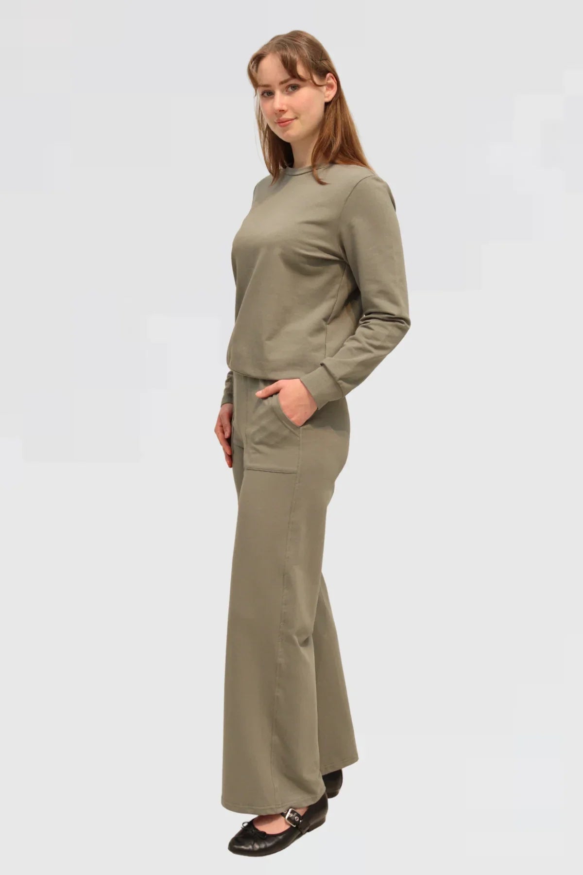 Agave Drape Trousers styled with matching Organic Cotton Sweater in Agave, coordinated outfit by Reca.