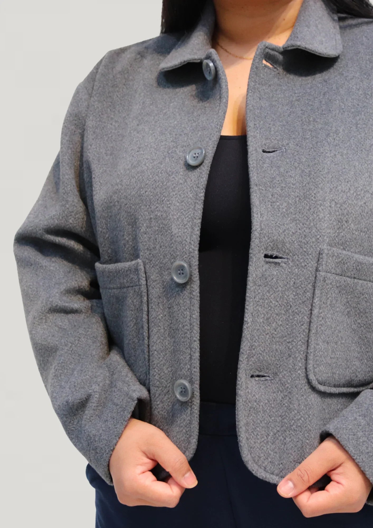 Front detail of the wool edith jacket on the model