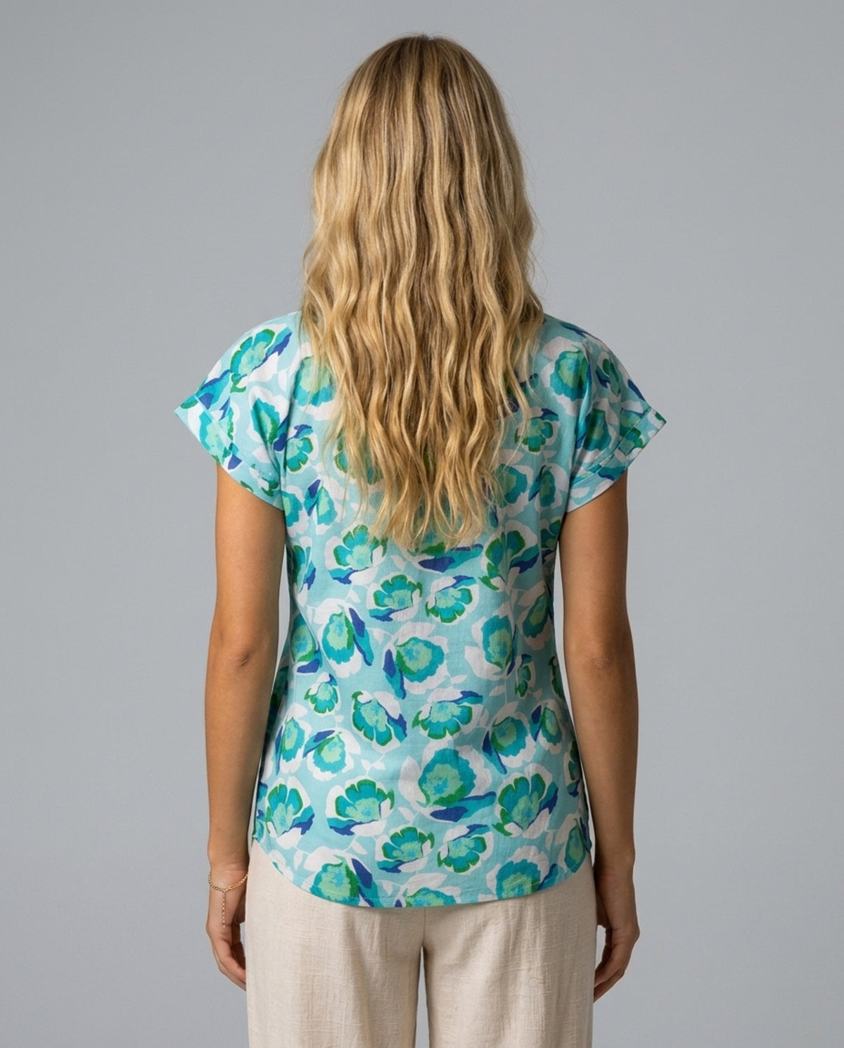 Aqua Bloom Cotton Blouse – close-up back view