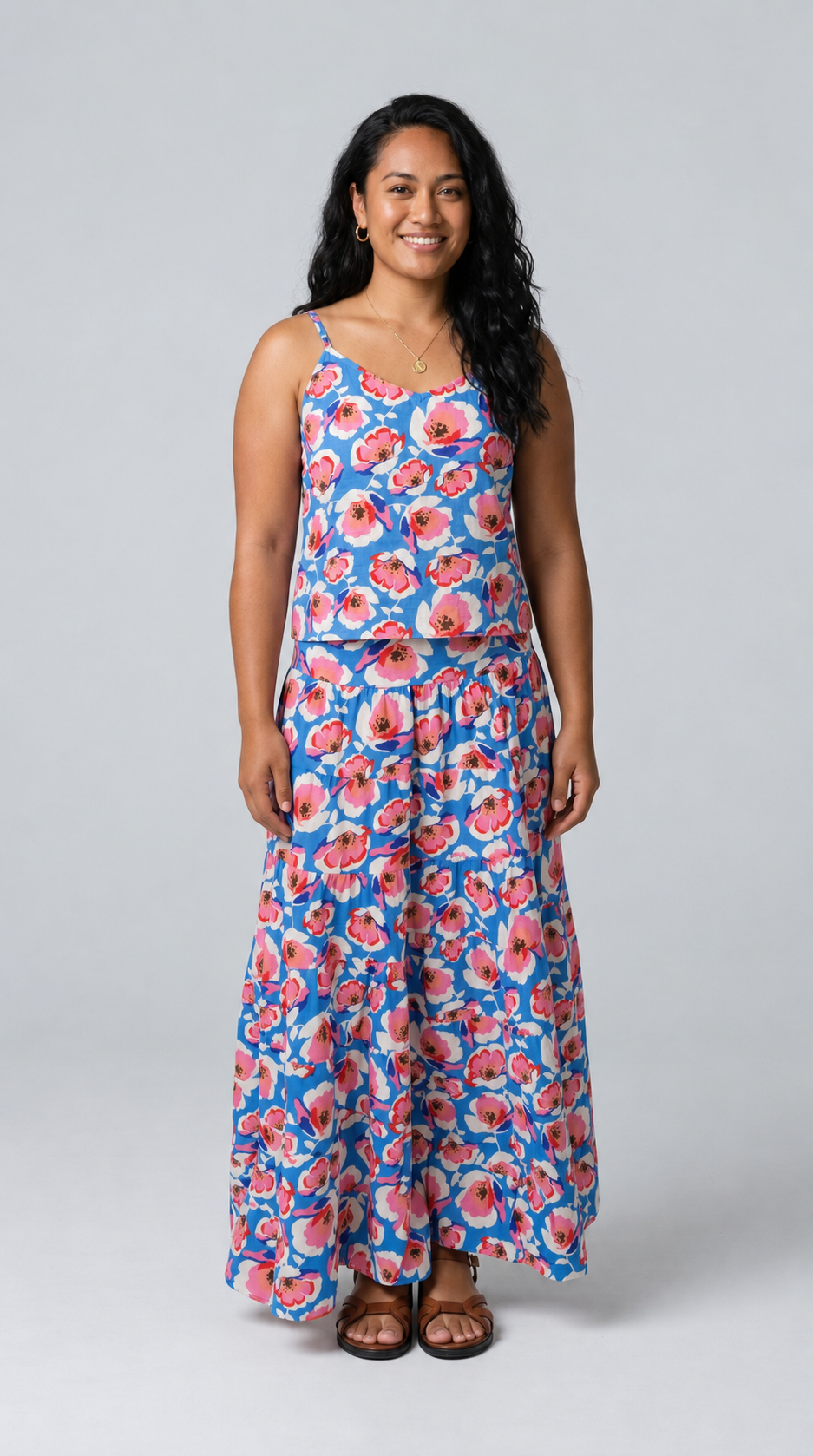 Woman wearing the Azure Poppy Cami with the matching Azure Poppy Maxi Skirt, front view