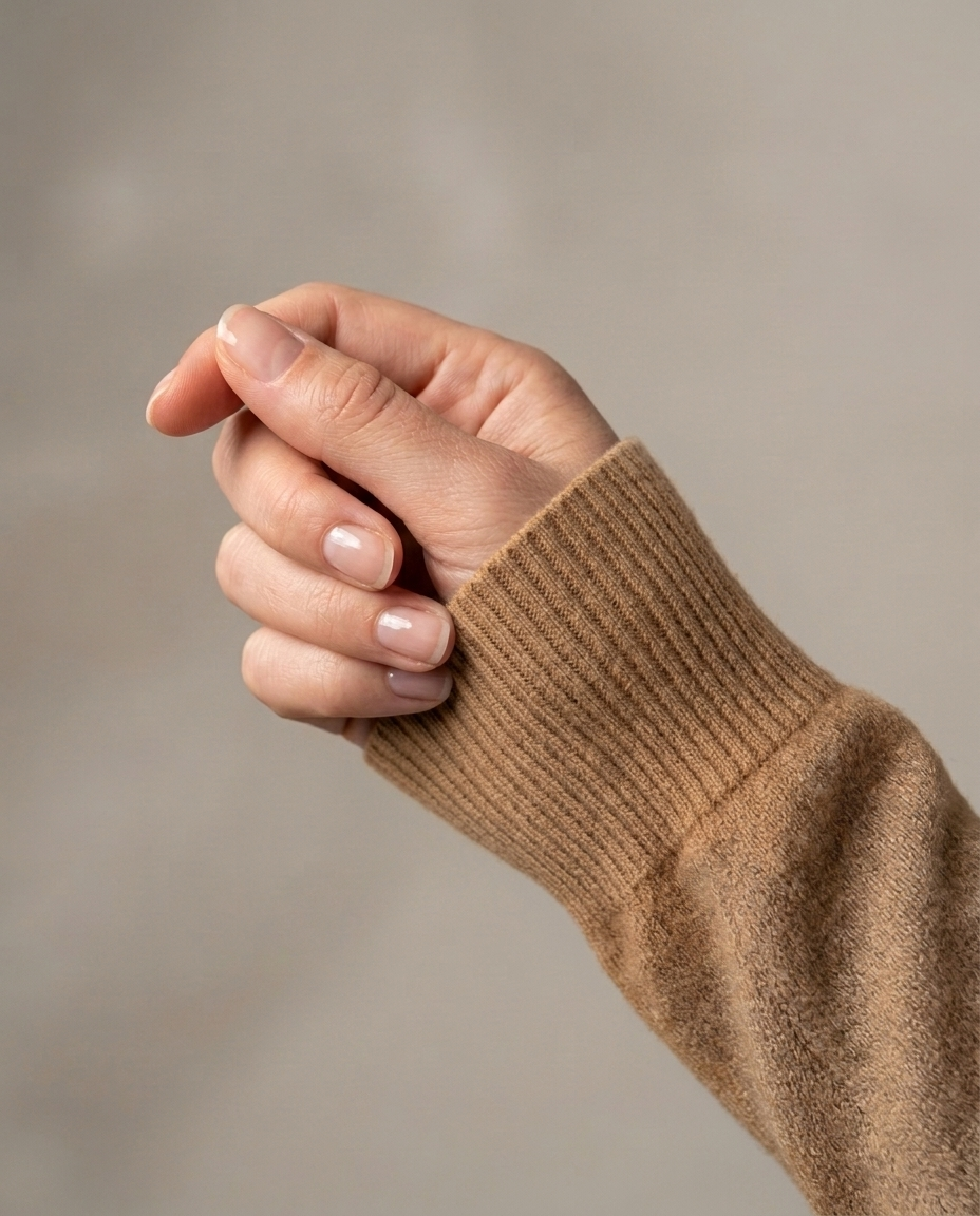 Close-up of cinnamon tan Cashmere-Merino Cardigan ribbed cuff on model's wrist
