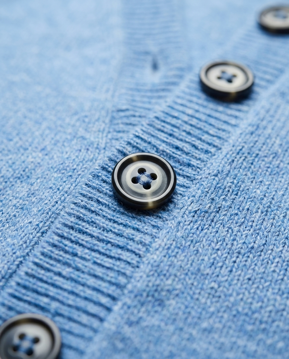 Close-up of the ribbed placket and tonal horn-look buttons on the denim blue Cashmere-Merino cardigan