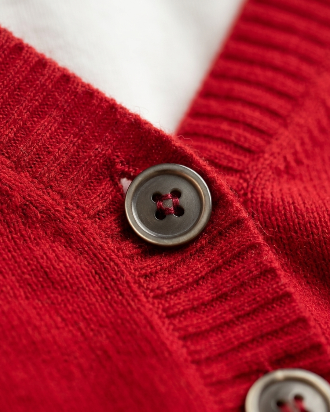 Close-up of the ribbed V-neckline and horn-look button on the red Cashmere-Merino cardigan
