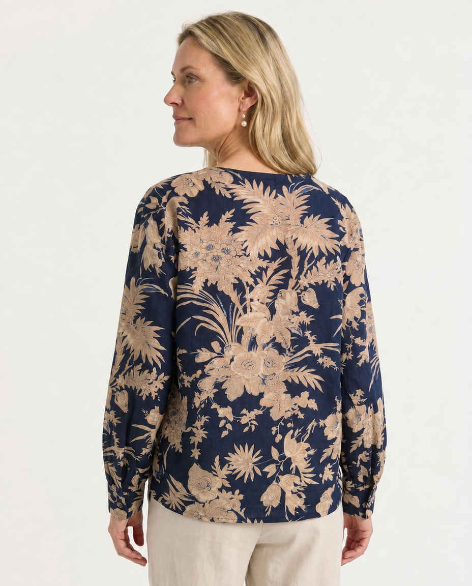 Indigo Garden Cotton Blouse back view without necklace