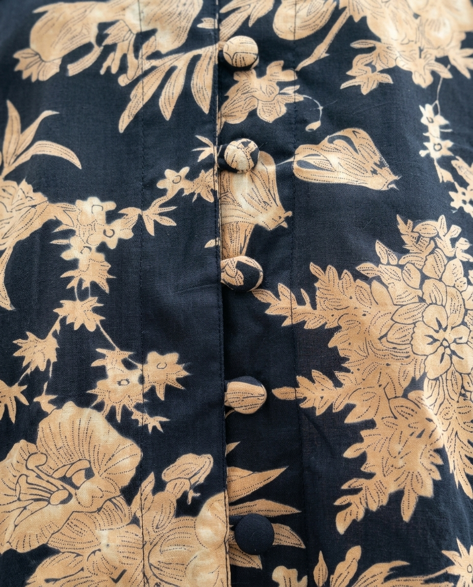 Indigo Garden Cotton Blouse botanical fabric and covered-button detail