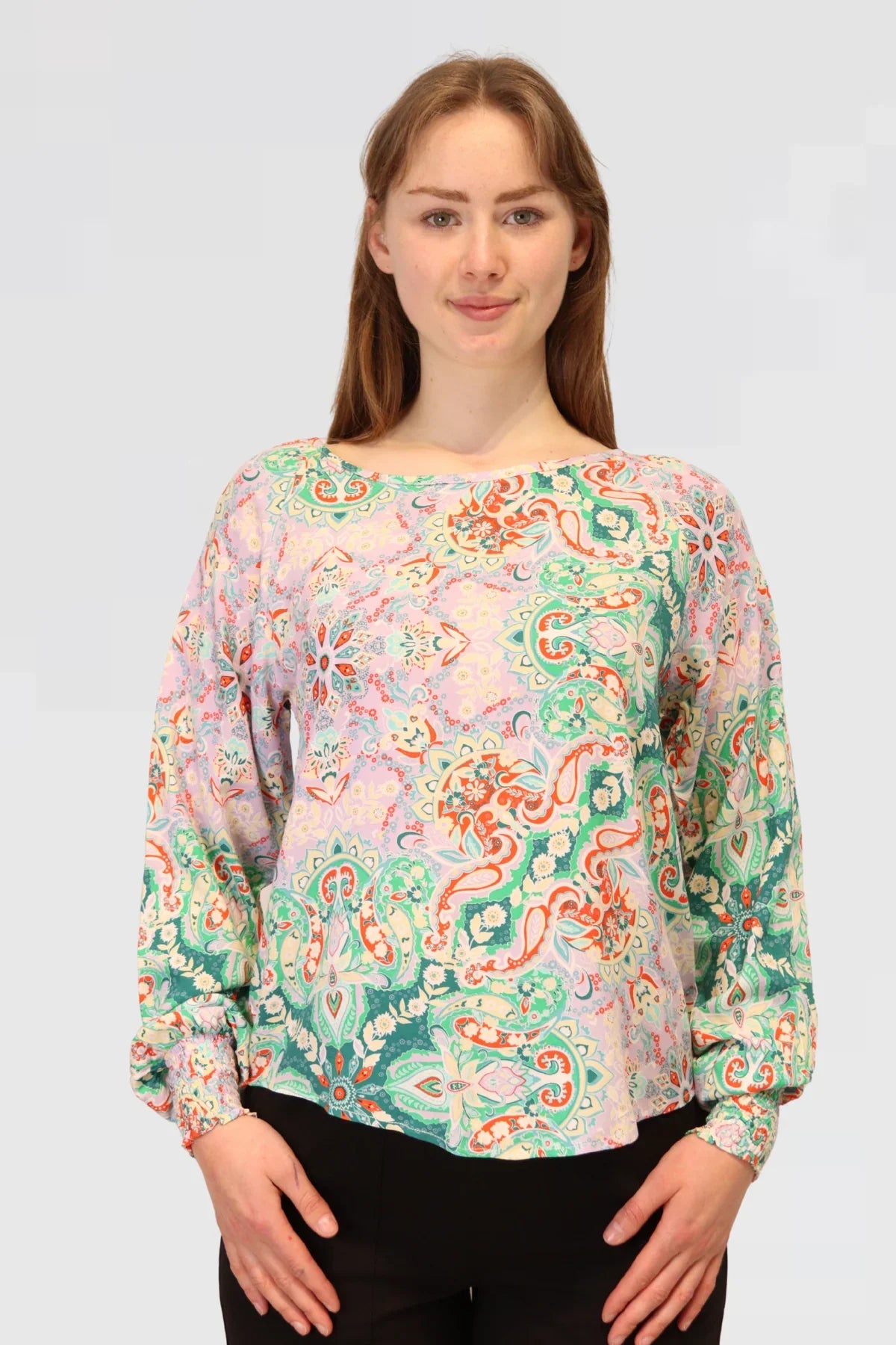 Front view of the Paisley Bloom Blouse in Rayon, featuring a multicolour paisley print and relaxed fit.
