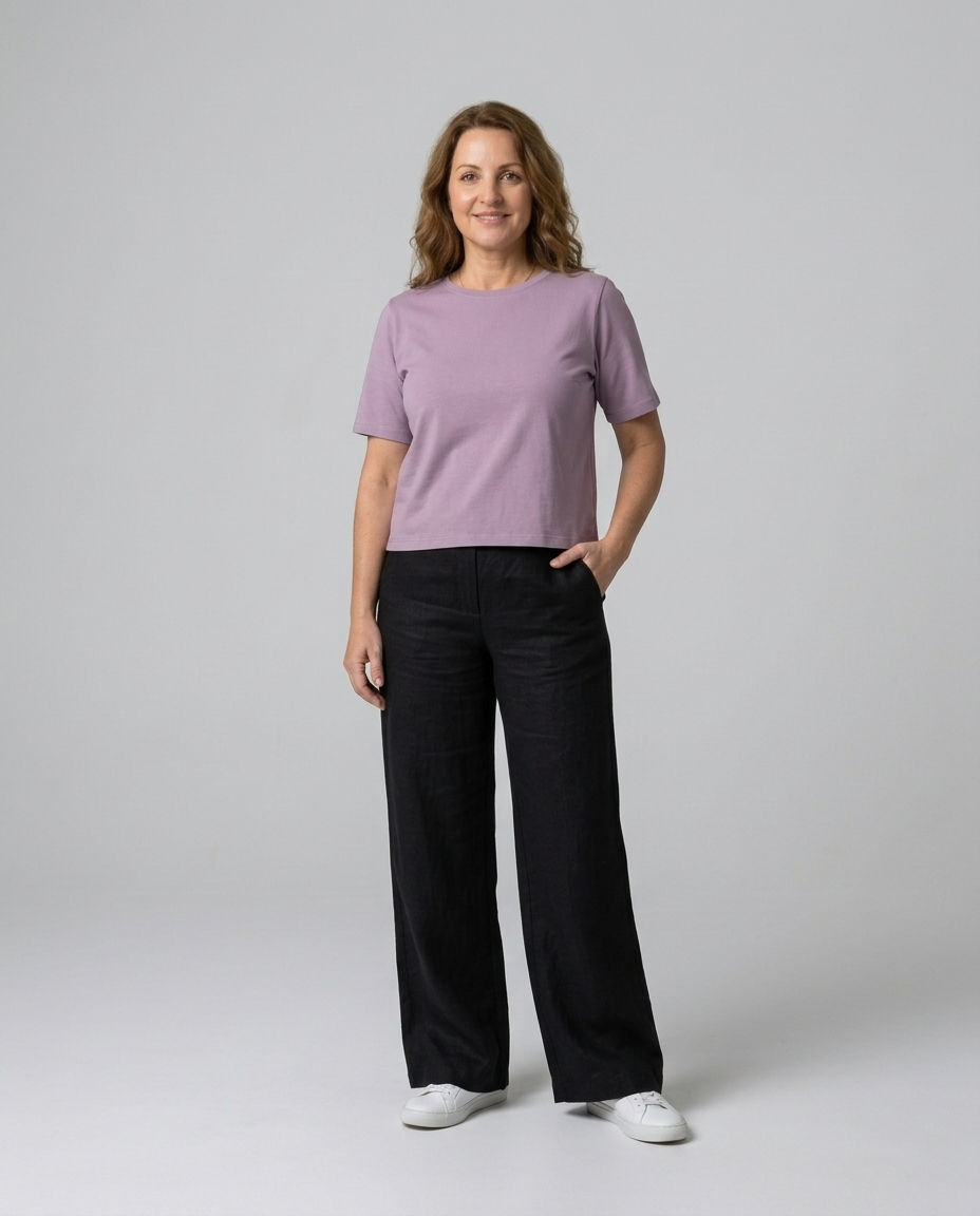 Organic Flex Crew Tee Lavender front full-length view, model size 12 and 168 cm