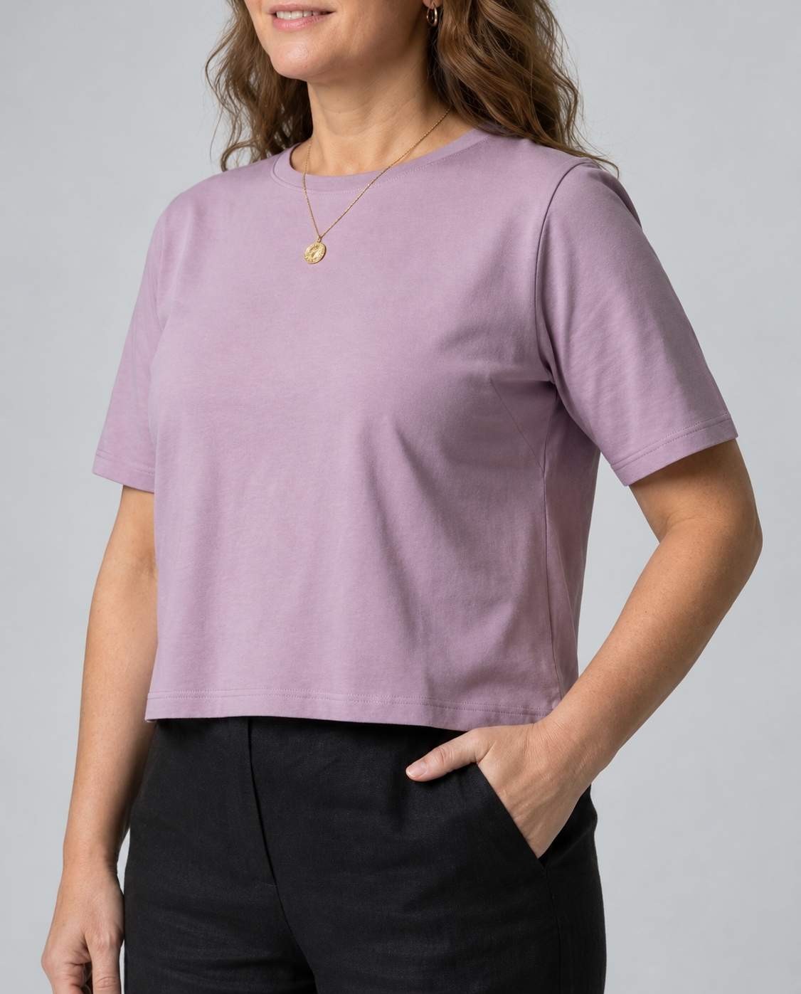 Organic Flex Crew Tee Lavender premium close-up showing neckline, sleeves, fabric and fit