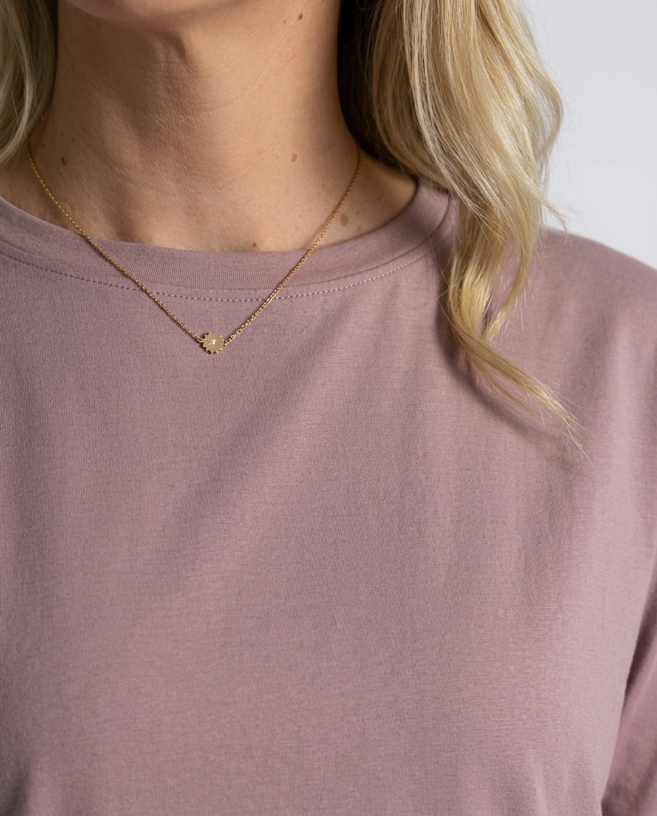 Organic Flex Crew Tee in Rose Pink – neckline and fabric detail