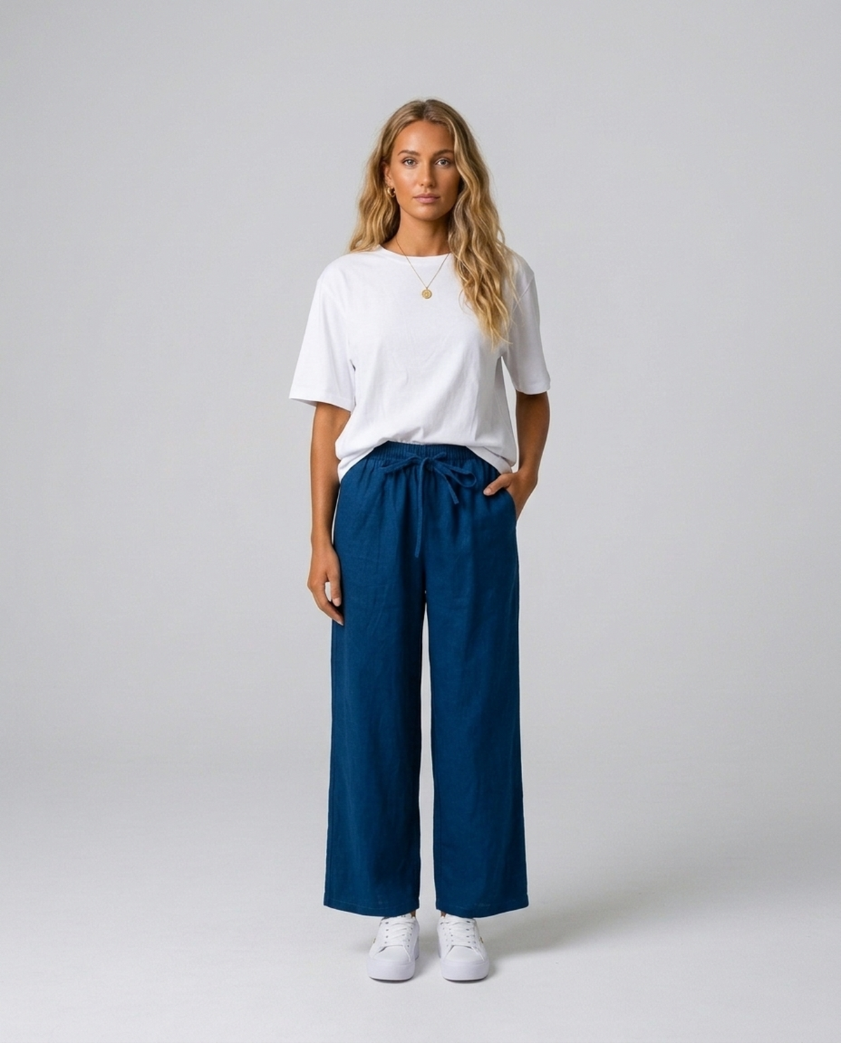 Pillars Blue Wide-leg Pants – full-length front view styled with a white tee