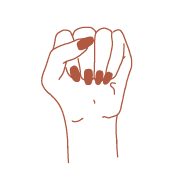 Rising fist symbol in orange line art on teal background, representing empowerment and ethical fashion values.