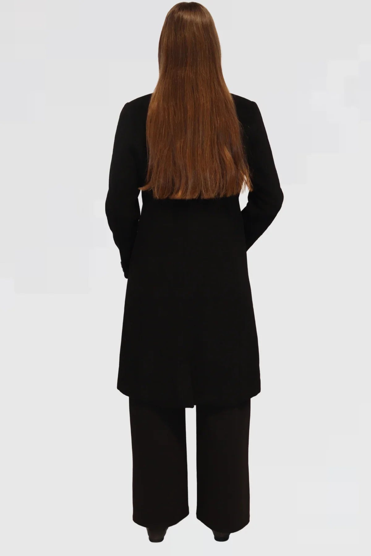 Back view of Single-Button Wool Coat in Black, long tailored silhouette with clean lines.