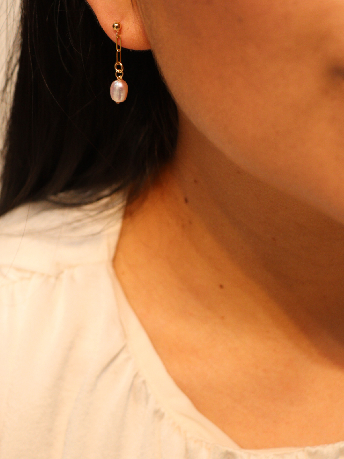 Gold Paper clip Pearl Earrings