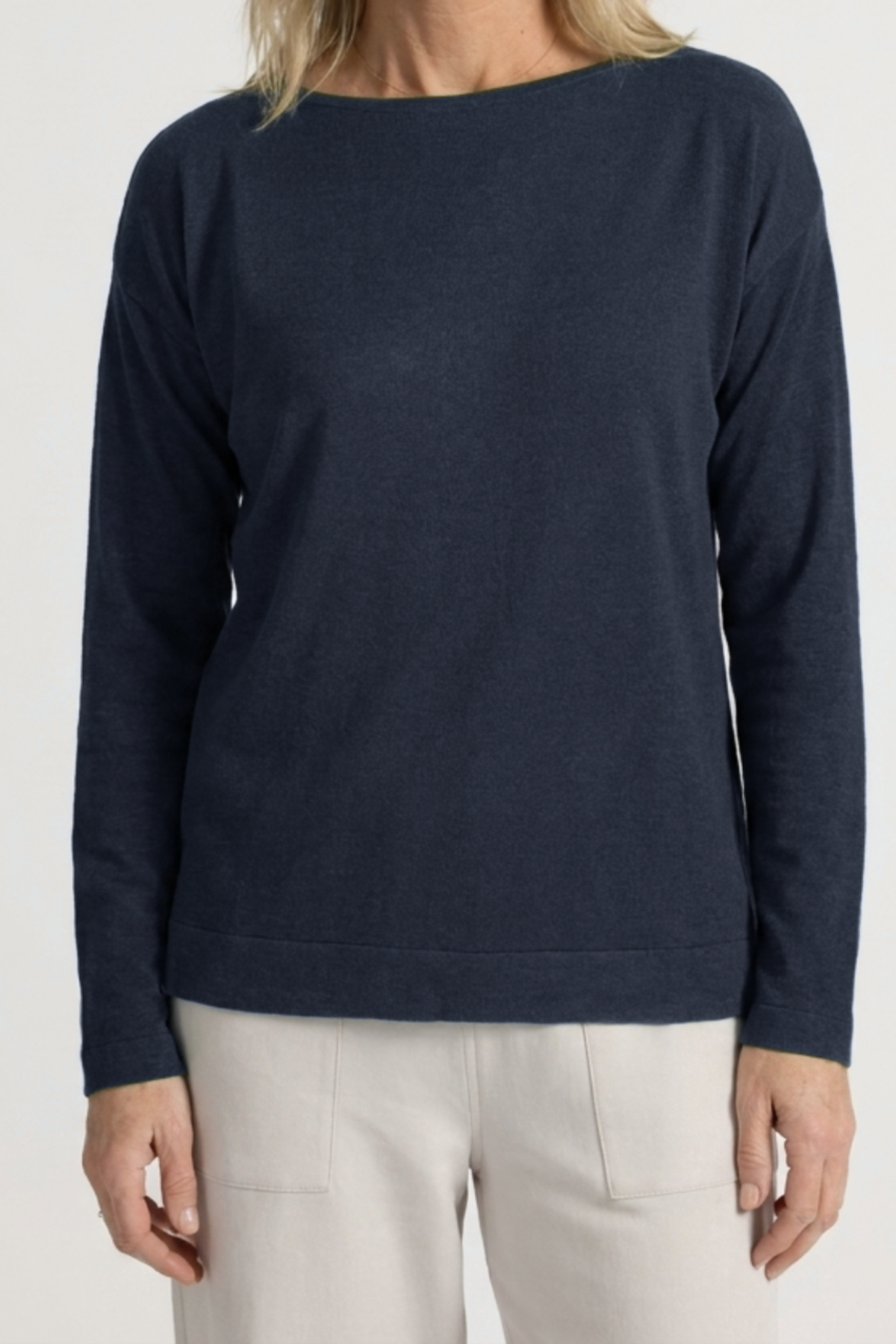 Close-up front view of the Cosmic Blue Silk Cashmere Knit showing the bateau neckline and fine knit texture
