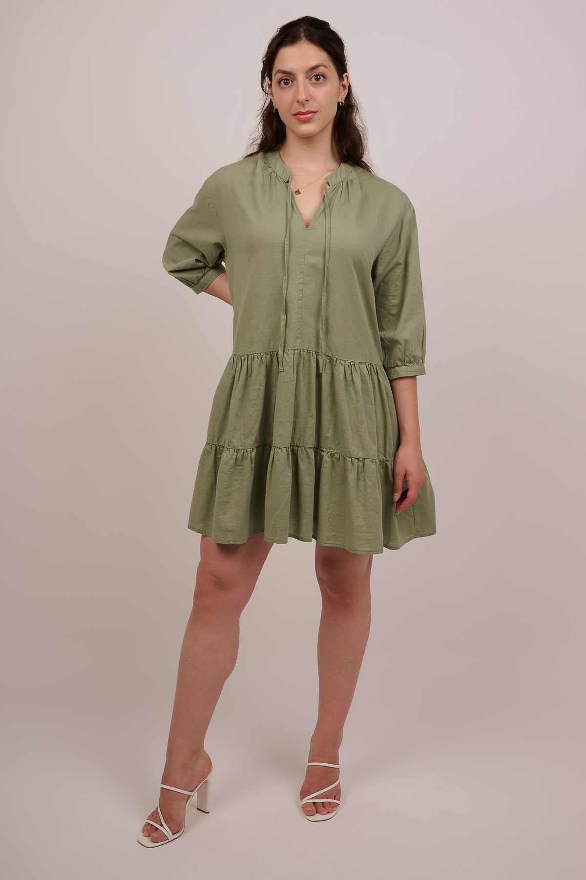 Tier Cotton Mini Dress - Olive