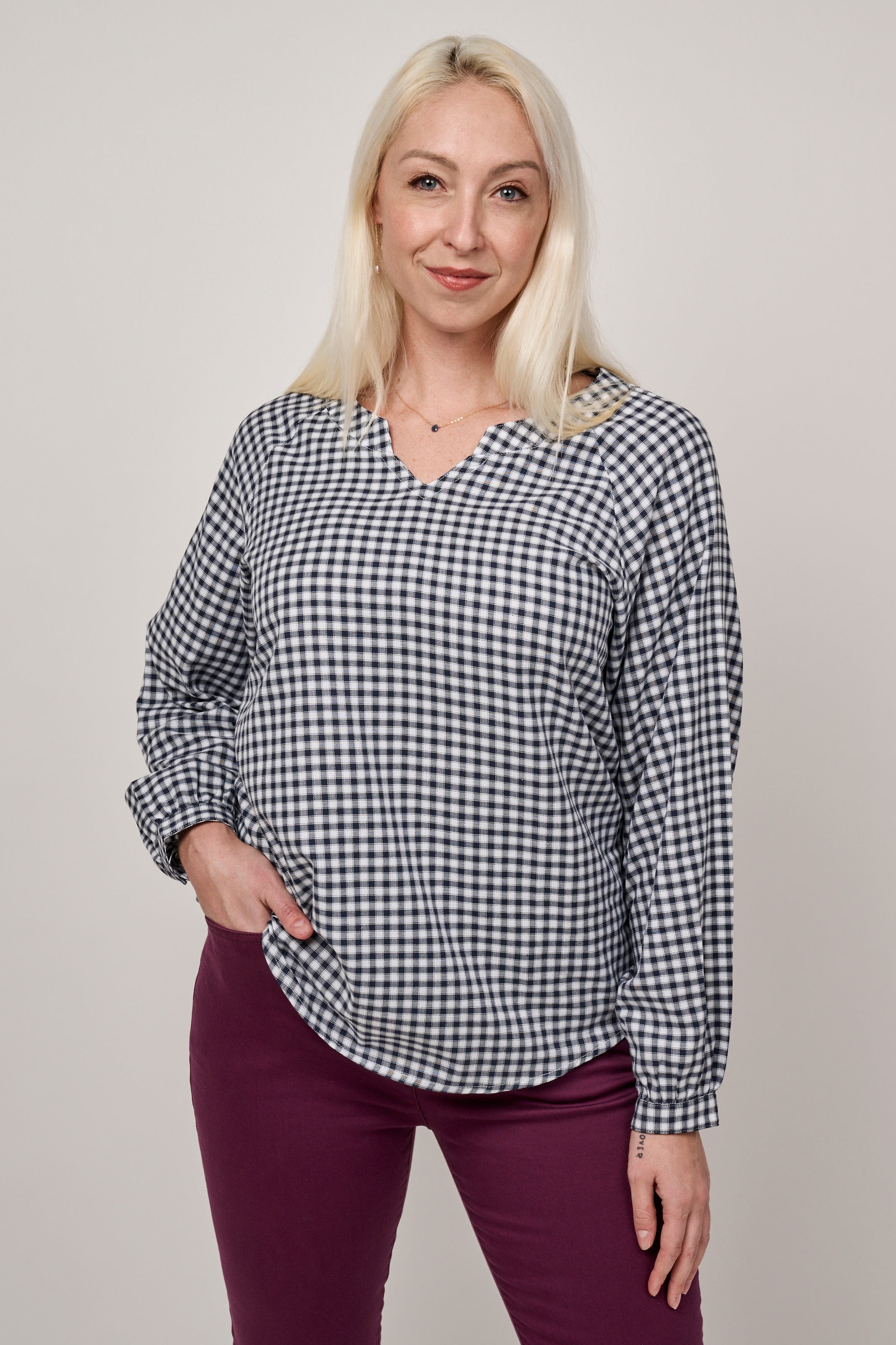 Gingham V-Neck Blouse - Navy