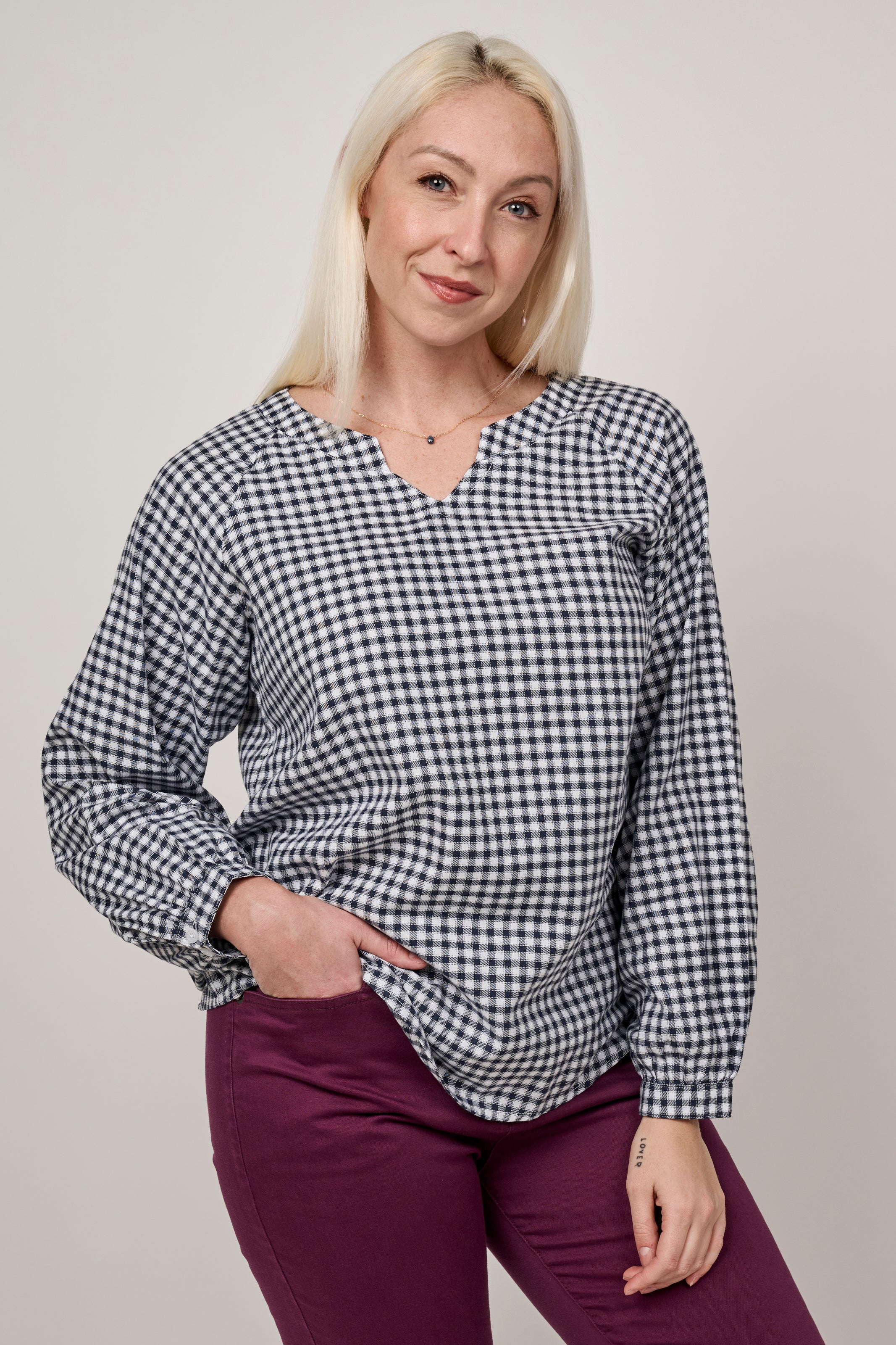 Gingham  V-Neck Blouse - Camel