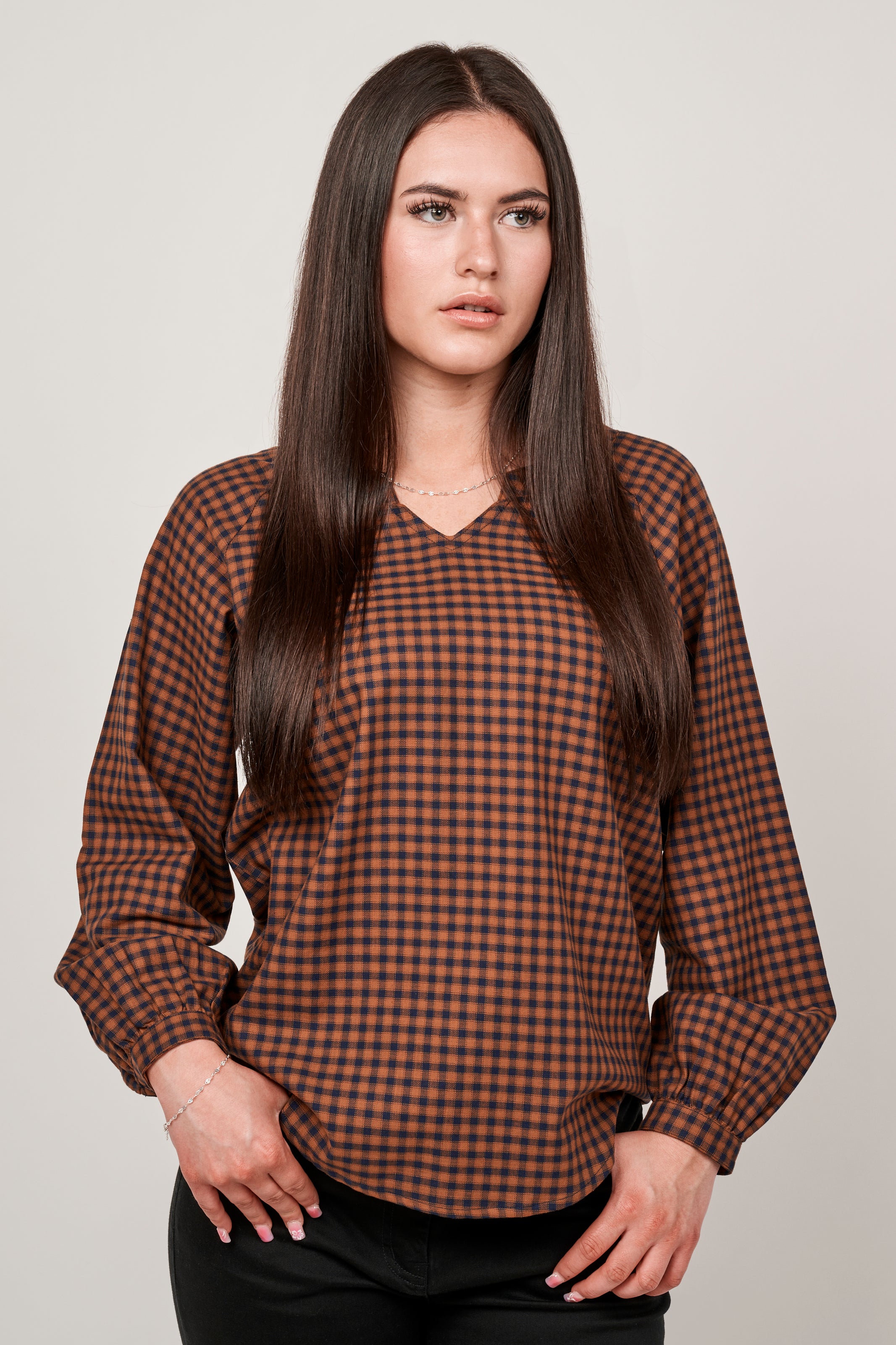 Gingham  V-Neck Blouse - Camel