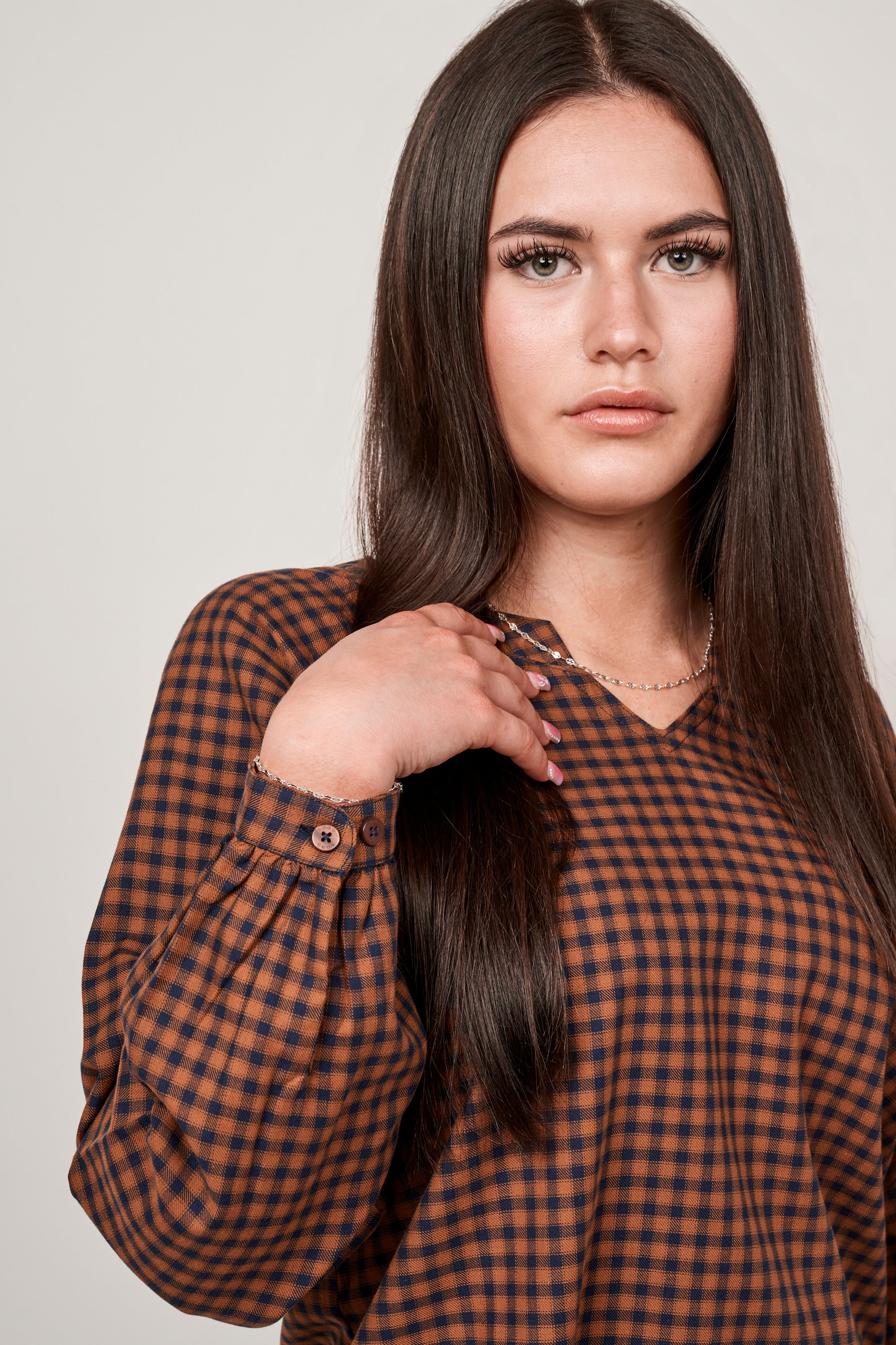 Gingham  V-Neck Blouse - Camel