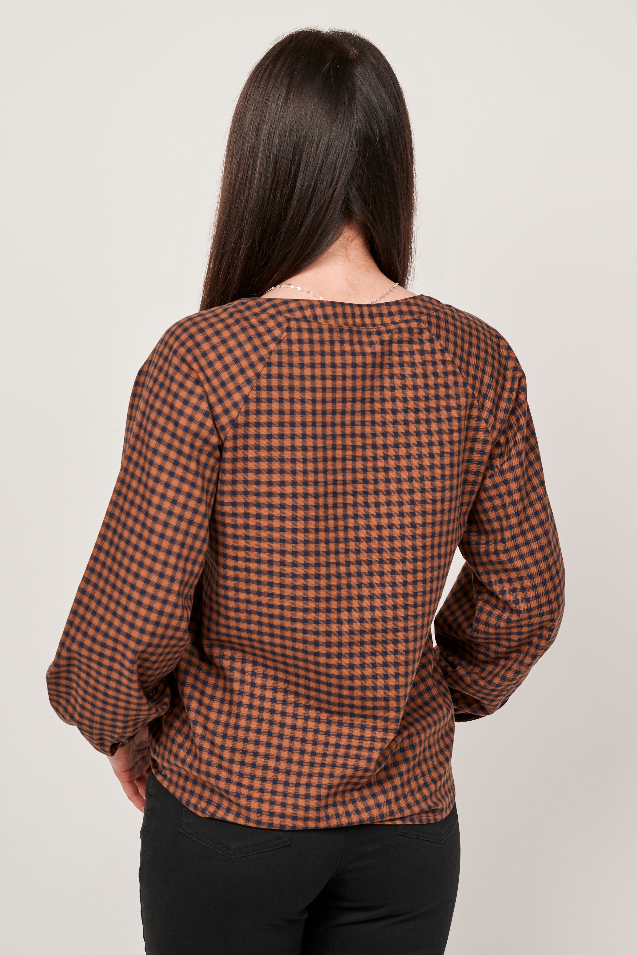 Gingham  V-Neck Blouse - Camel