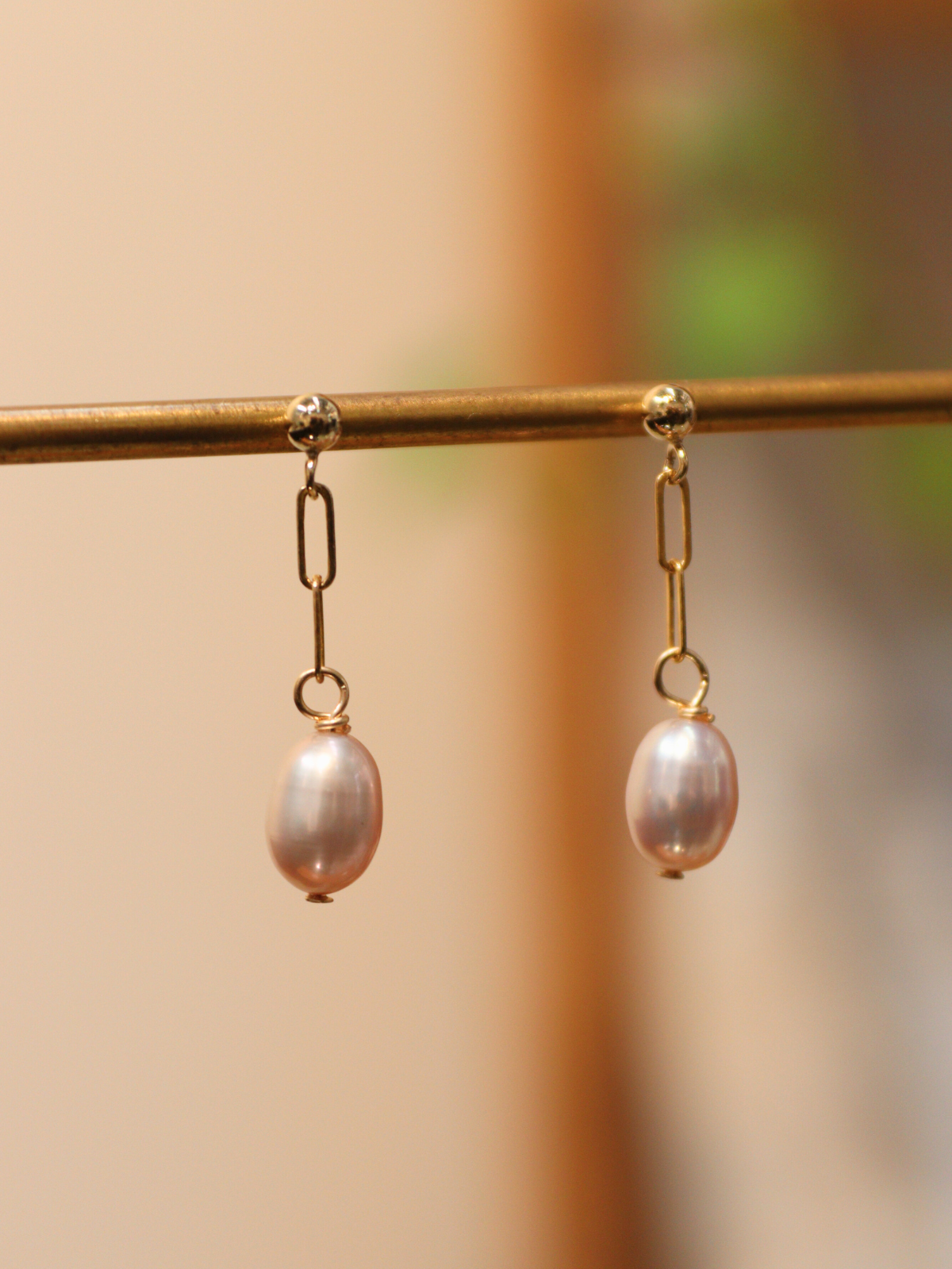 Gold Paper clip Pearl Earrings