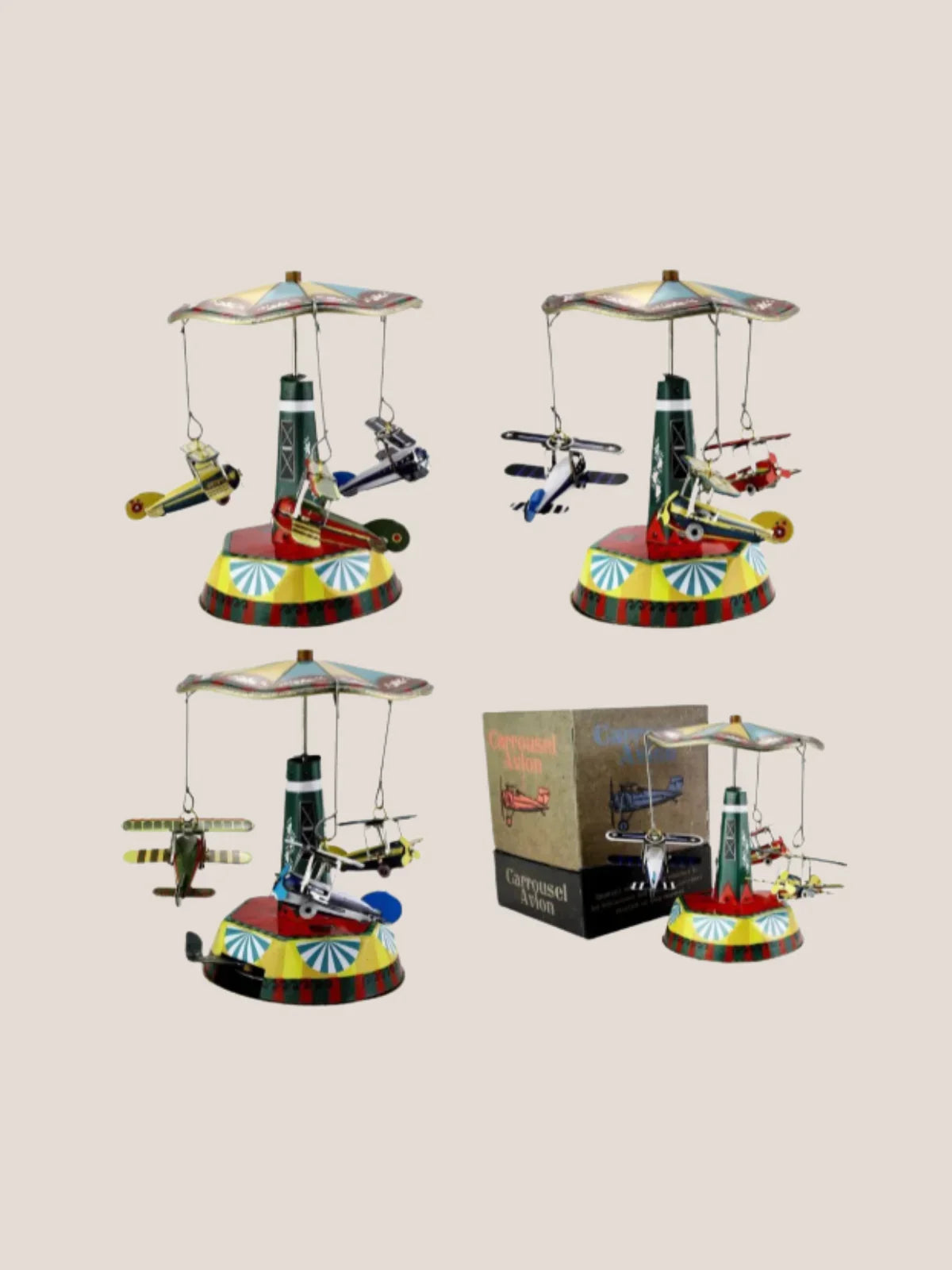Three toy helicopters with colorful bases on a white background