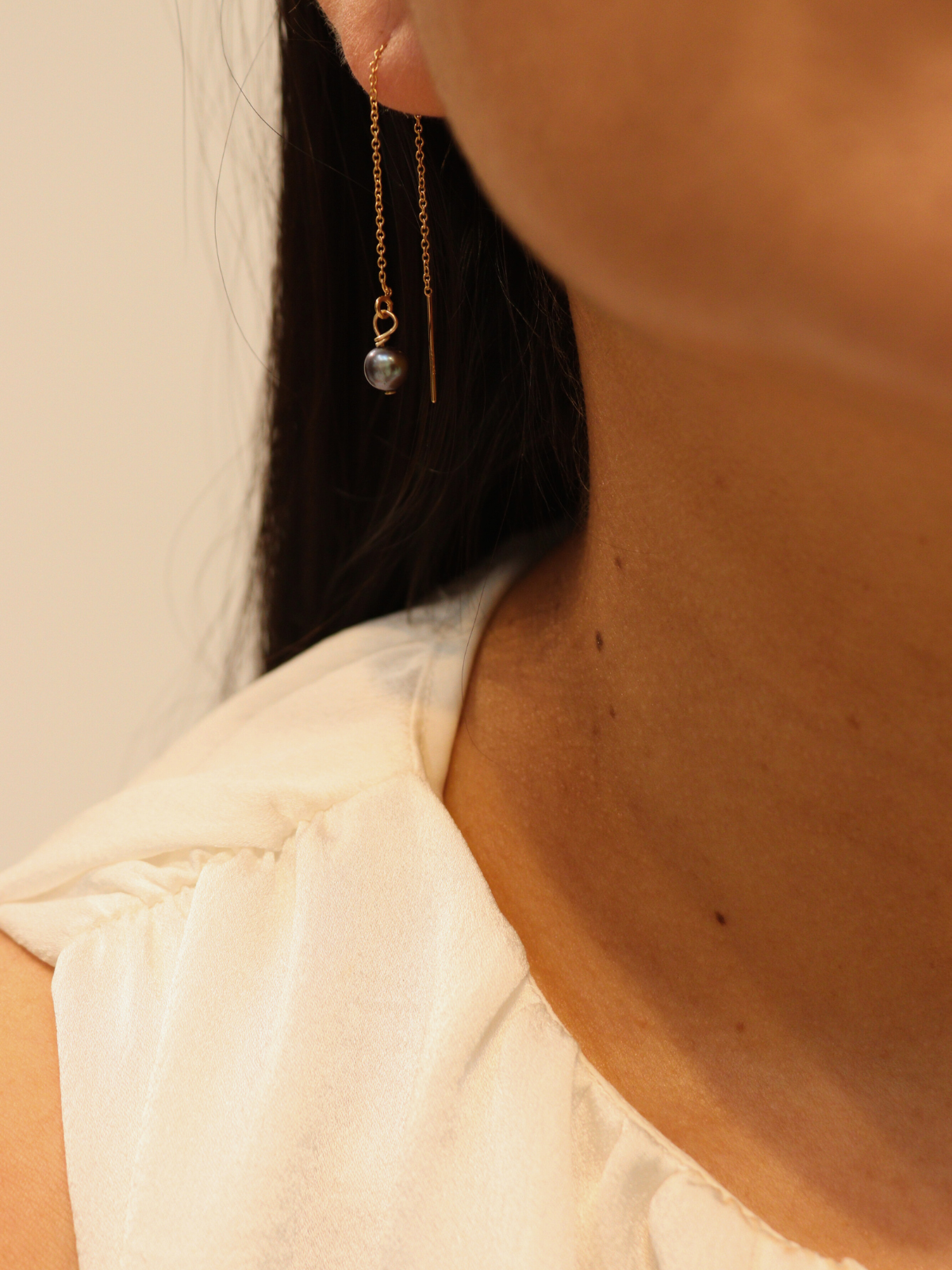 Gold Noir Pearl Threader Earrings