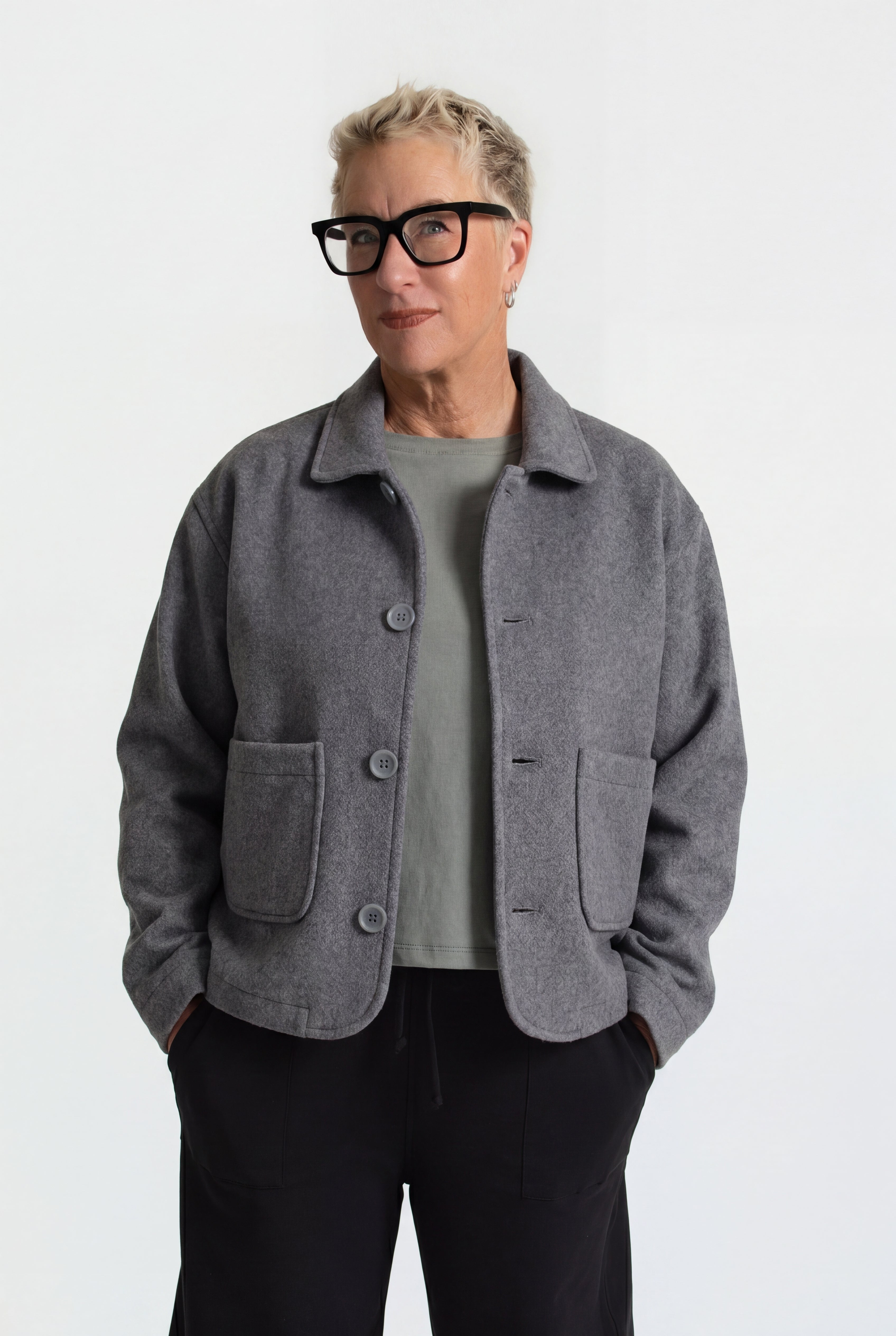 The model is wearing the wool edit jacket