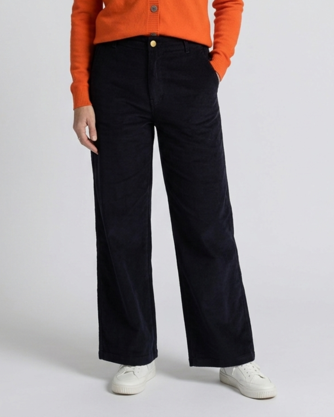 Navy cotton corduroy pants with high waist and two side pockets - Reca