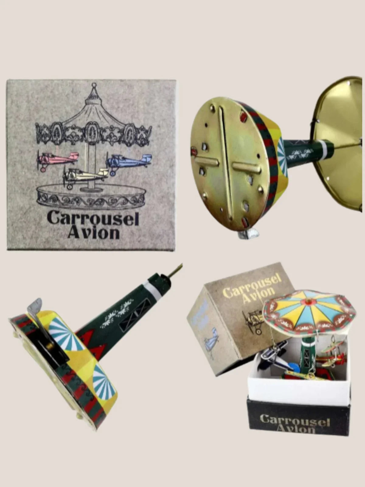 Toy carousel with packaging labeled 'Carrousel Avion' on a beige background