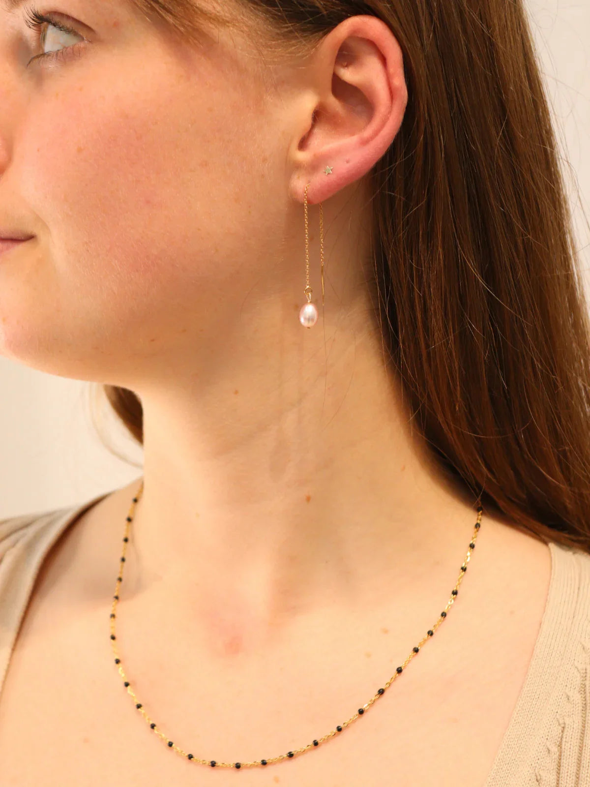 Gold threader earrings with pink freshwater pearl drop, lightweight handcrafted earrings for everyday wear.